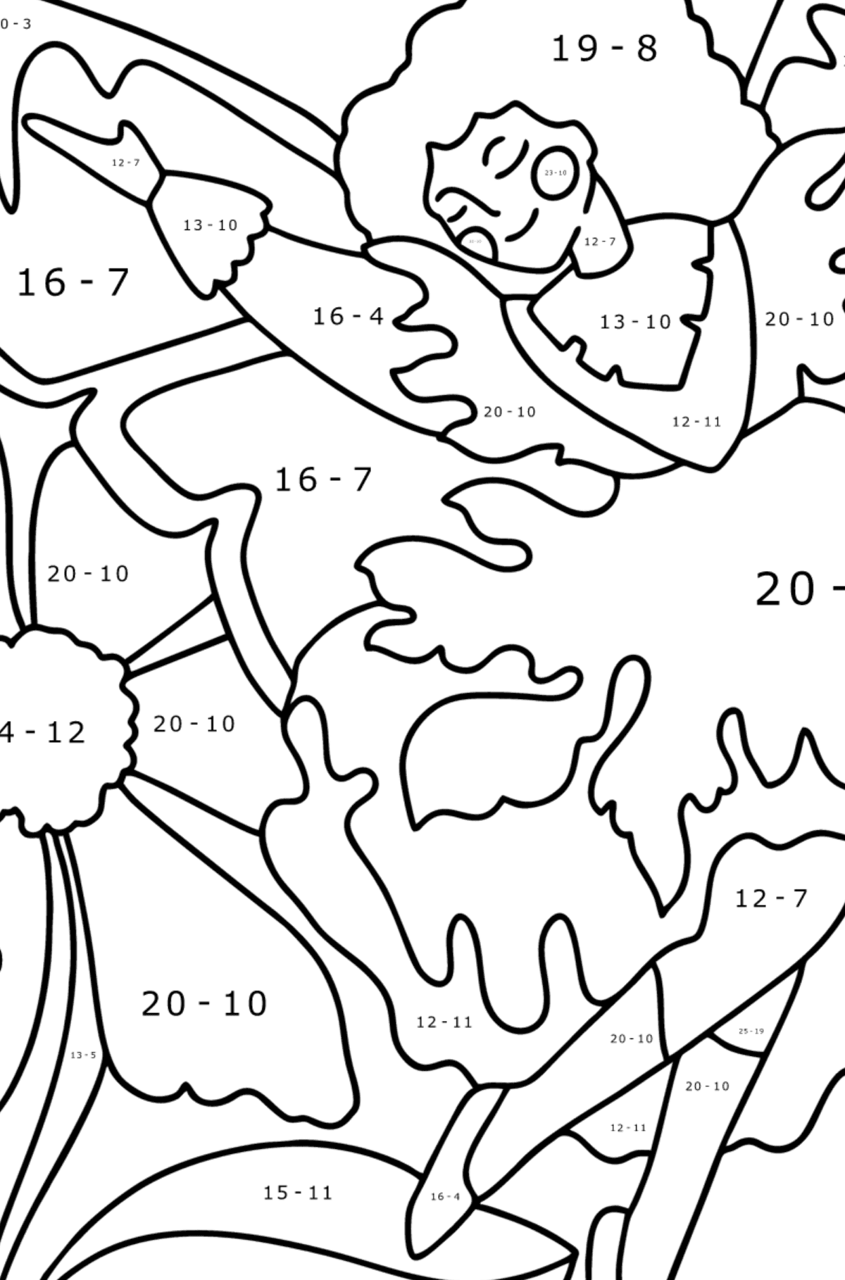 Fairy flies coloring page - Math Coloring - Subtraction for Kids
