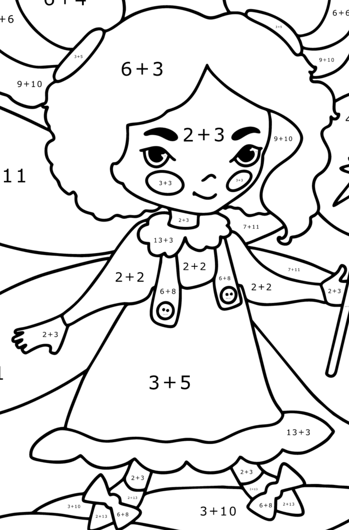 Disegno di Fata con una bacchetta magica da colorare - Colorazione matematica - Addizione per bambini