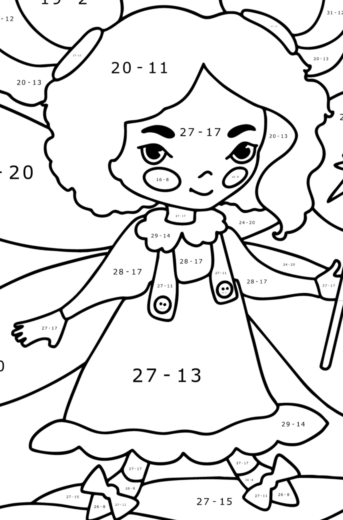 Ausmalbild Fee mit einem Zauberstab - Mathe Ausmalbilder - Subtraktion für Kinder
