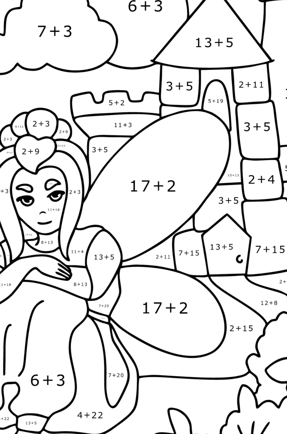 Fairy at the castle coloring page - Math Coloring - Addition for Kids