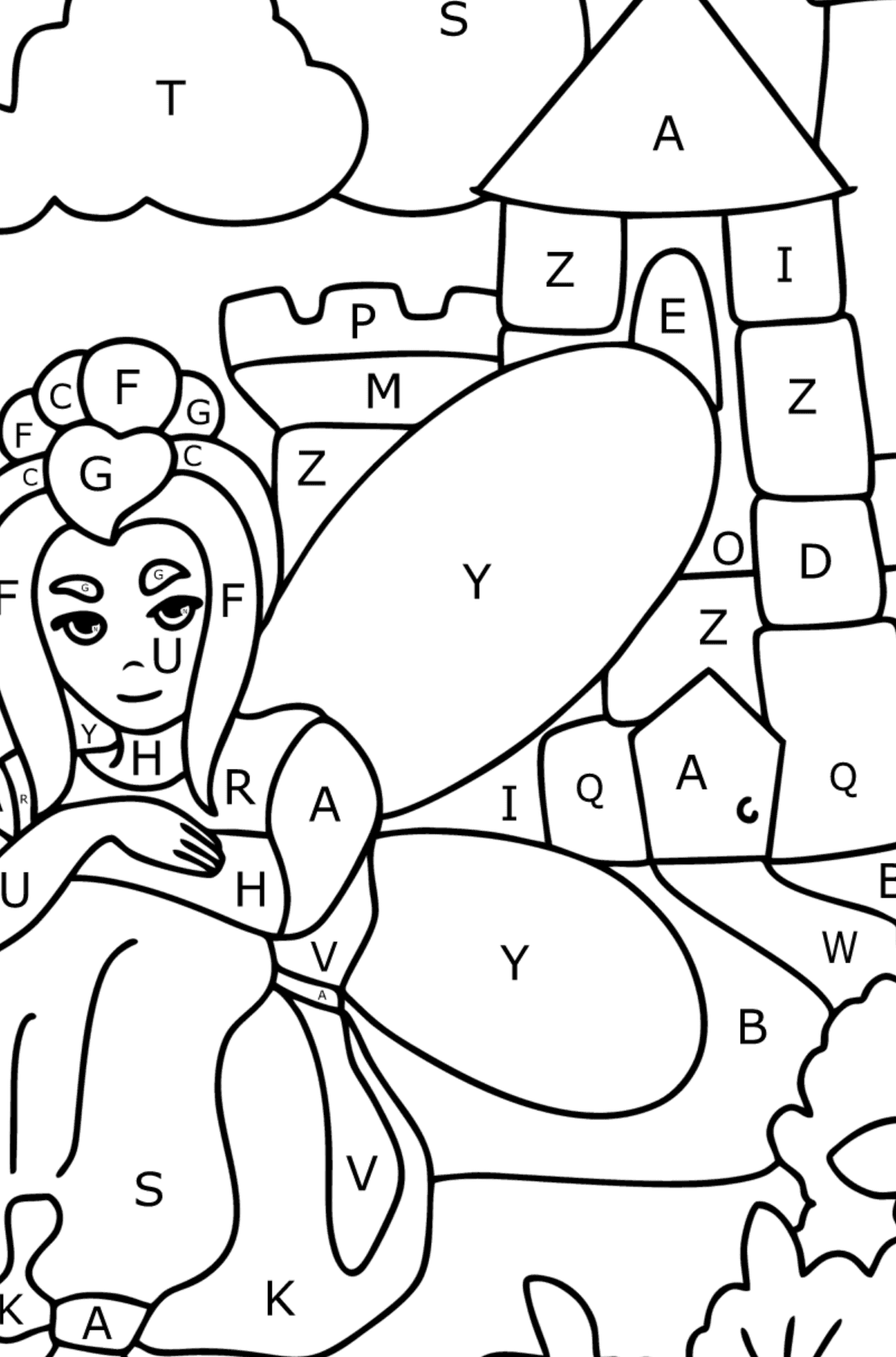 Fairy at the castle coloring page - Coloring by Letters for Kids
