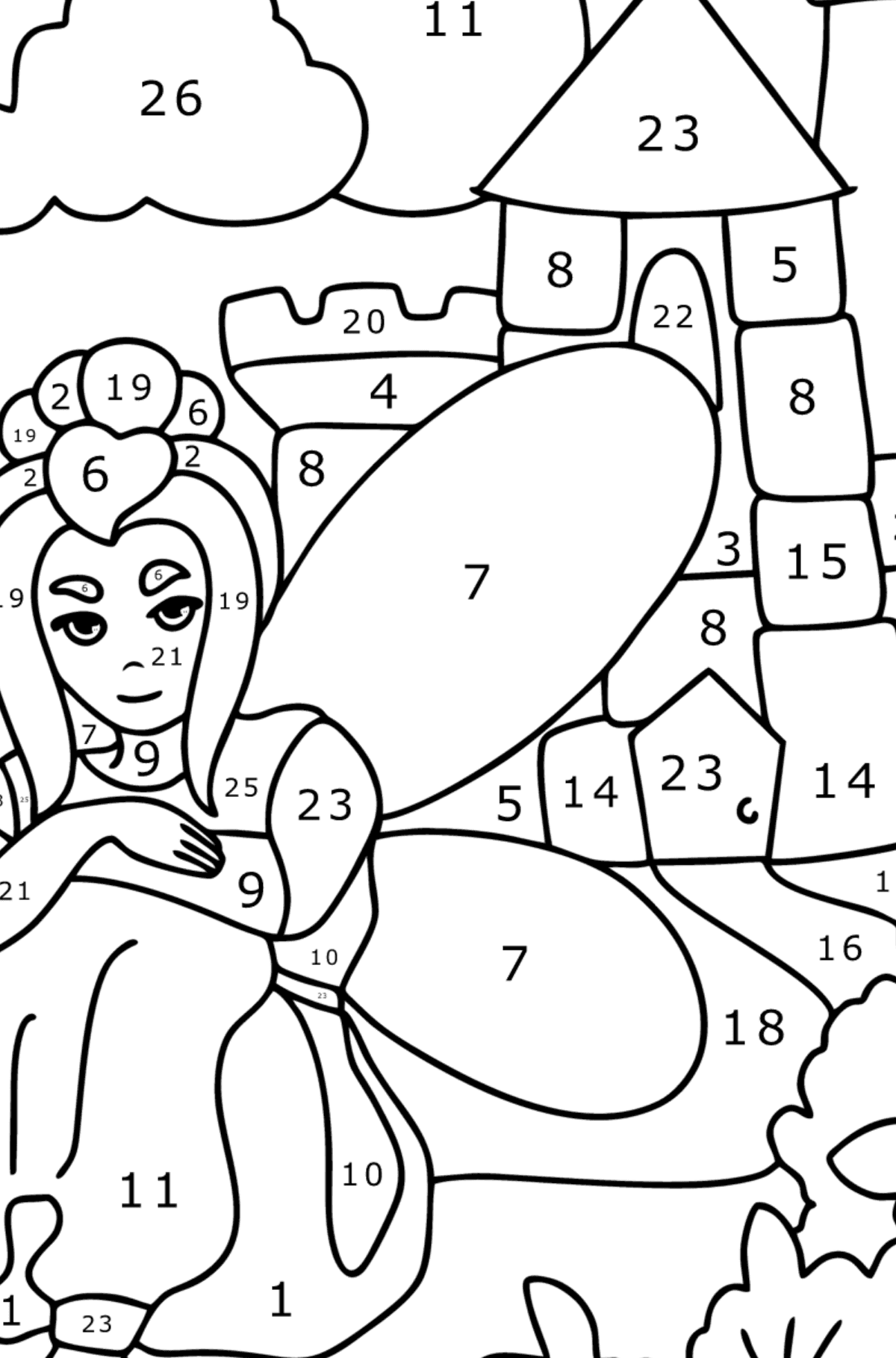 Fairy at the castle coloring page - Coloring by Numbers for Kids