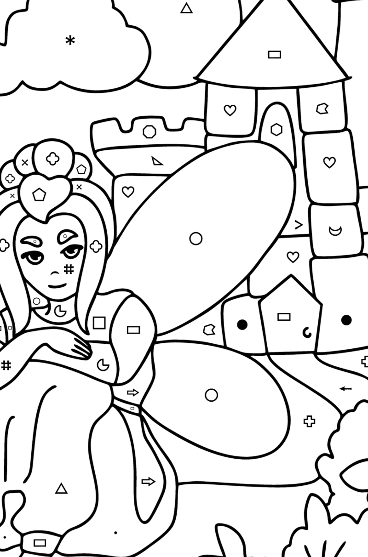 Fairy at the castle coloring page - Coloring by Symbols and Geometric Shapes for Kids