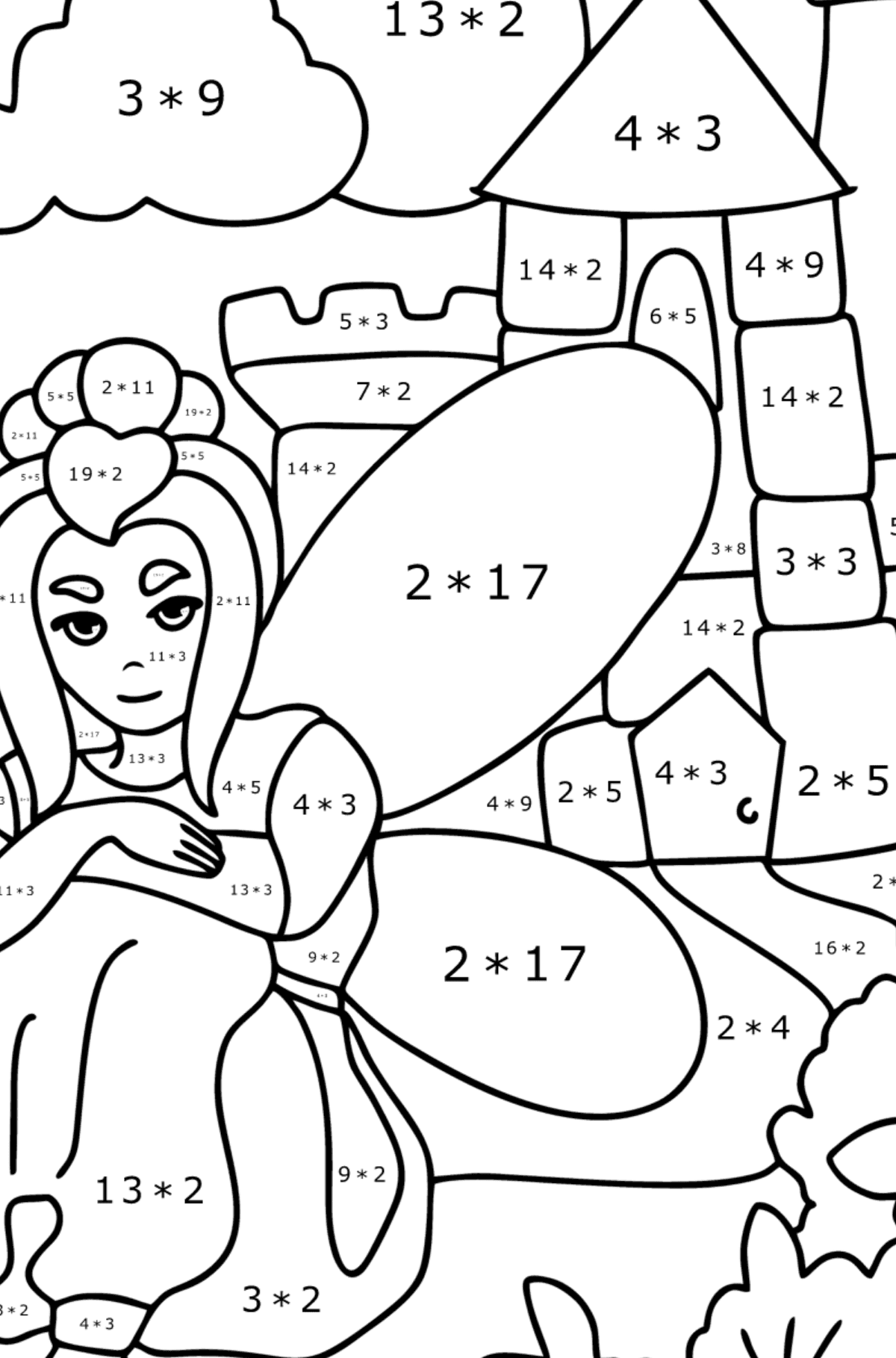 Disegno di Fata al castello da colorare - Colorazione matematica - Moltiplicazione per bambini