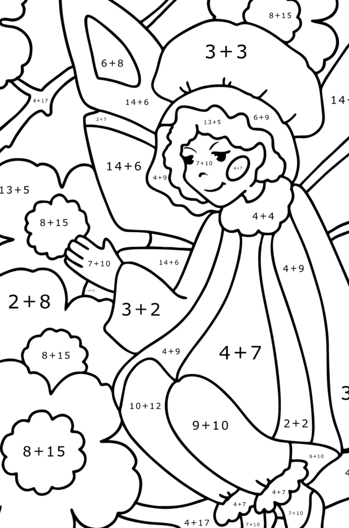 Ausmalbild Fee auf einer Blume - Mathe Ausmalbilder - Addition für Kinder