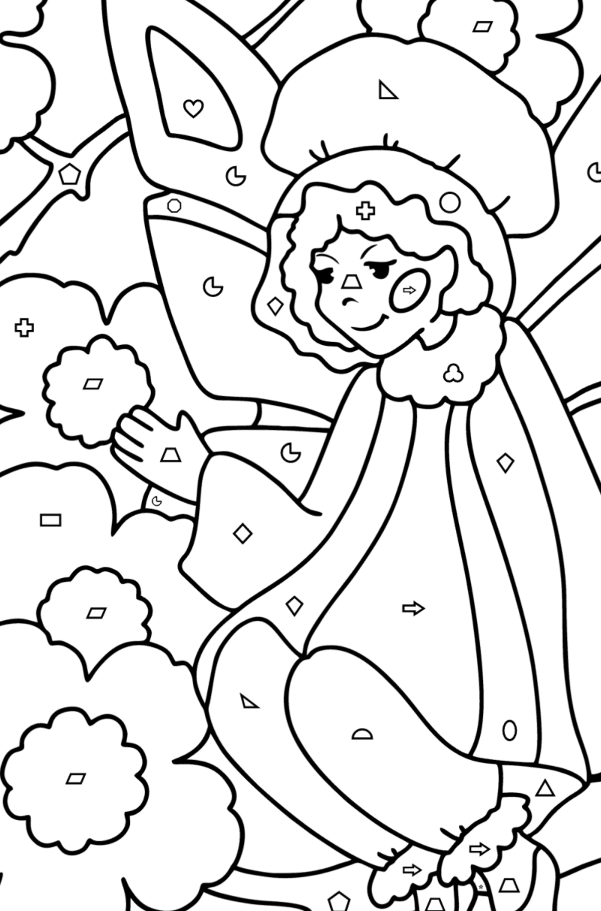 Fairy on a flower coloring page - Coloring by Geometric Shapes for Kids