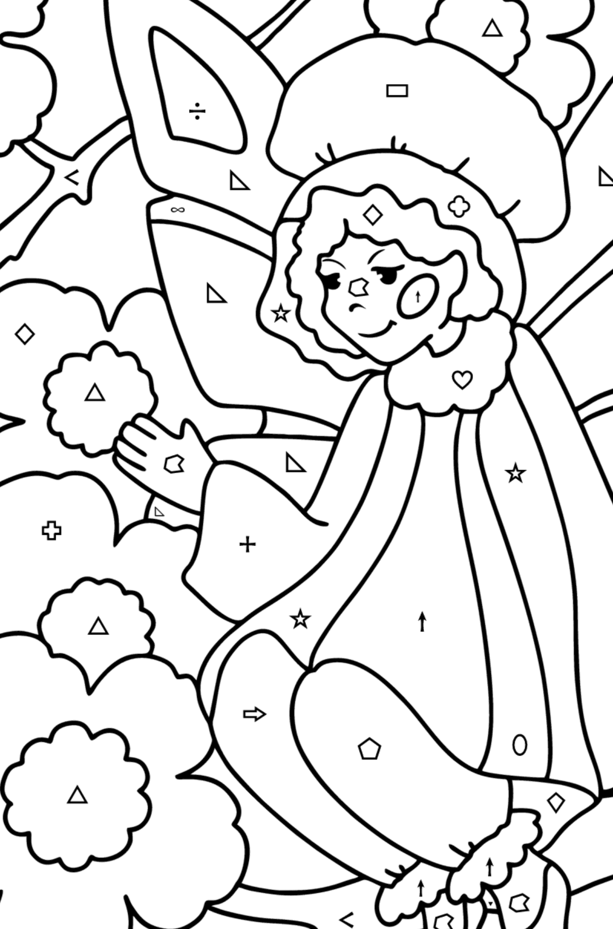 Fairy on a flower coloring page - Coloring by Symbols and Geometric Shapes for Kids