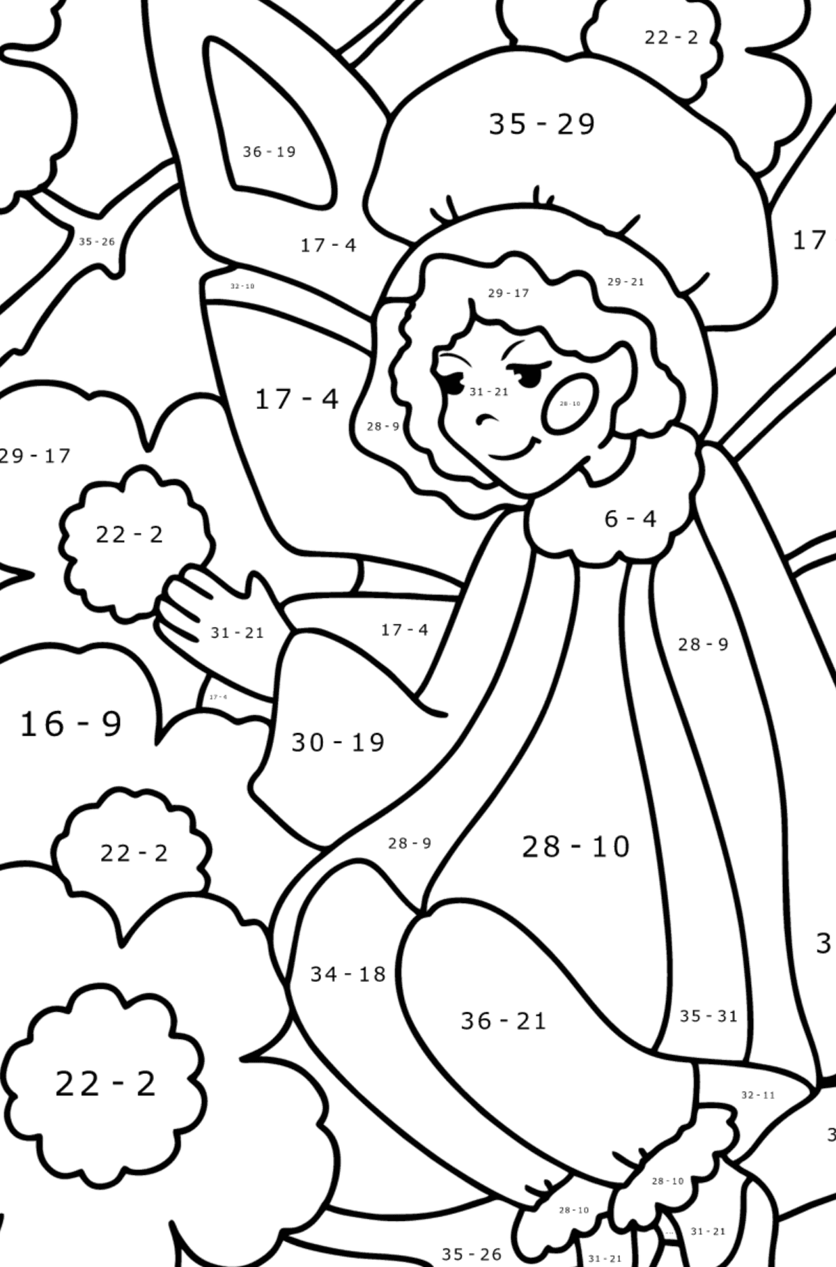 Fairy on a flower coloring page - Math Coloring - Subtraction for Kids