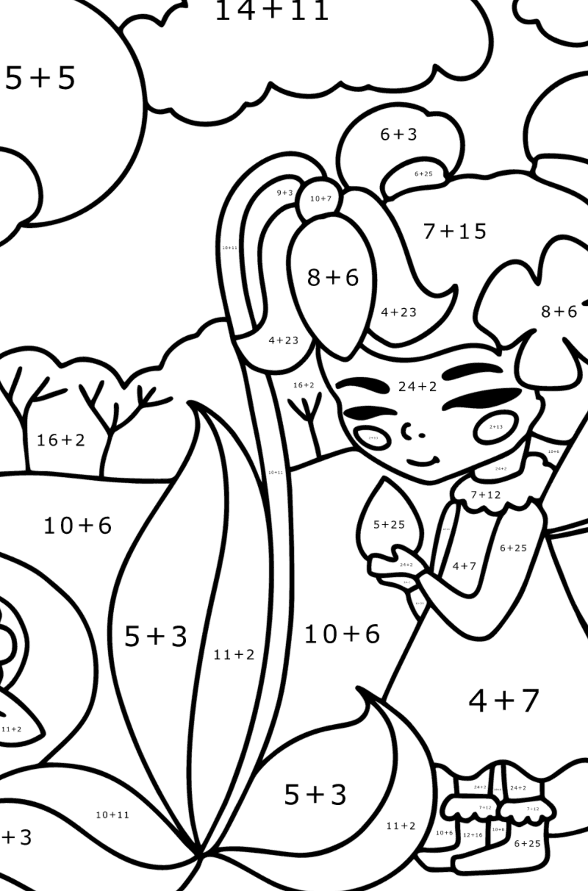 Fairy on a forest path coloring page - Math Coloring - Addition for Kids