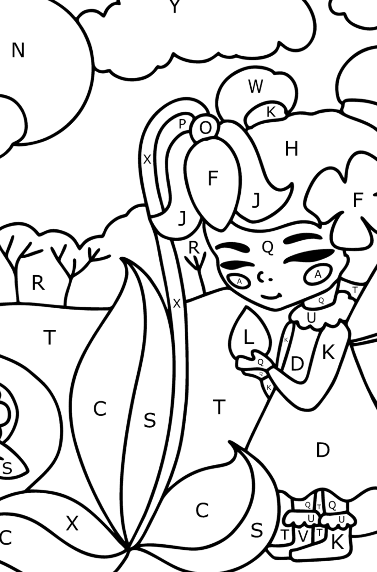 Fairy on a forest path coloring page - Coloring by Letters for Kids