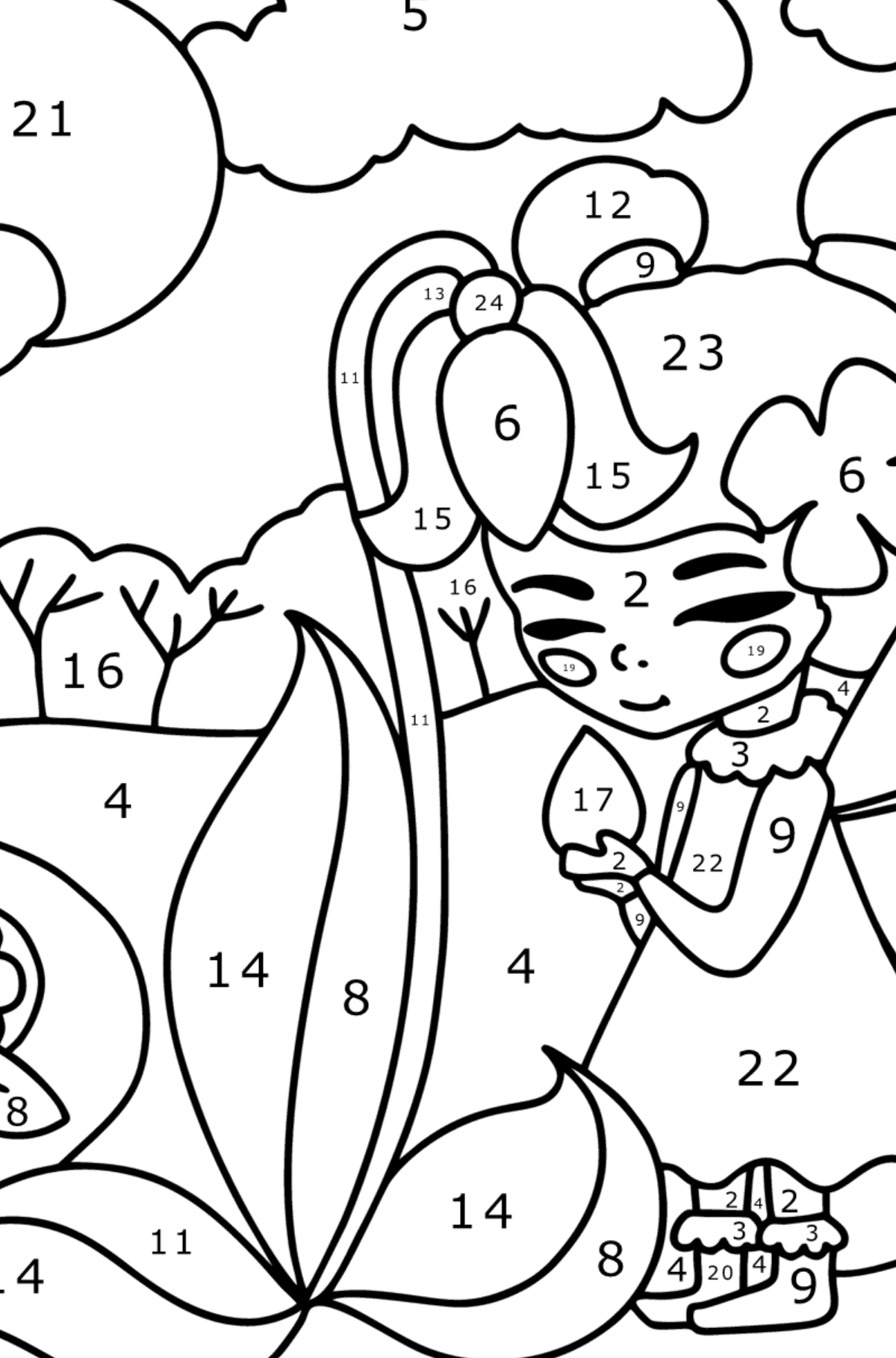 Fairy on a forest path coloring page - Coloring by Numbers for Kids