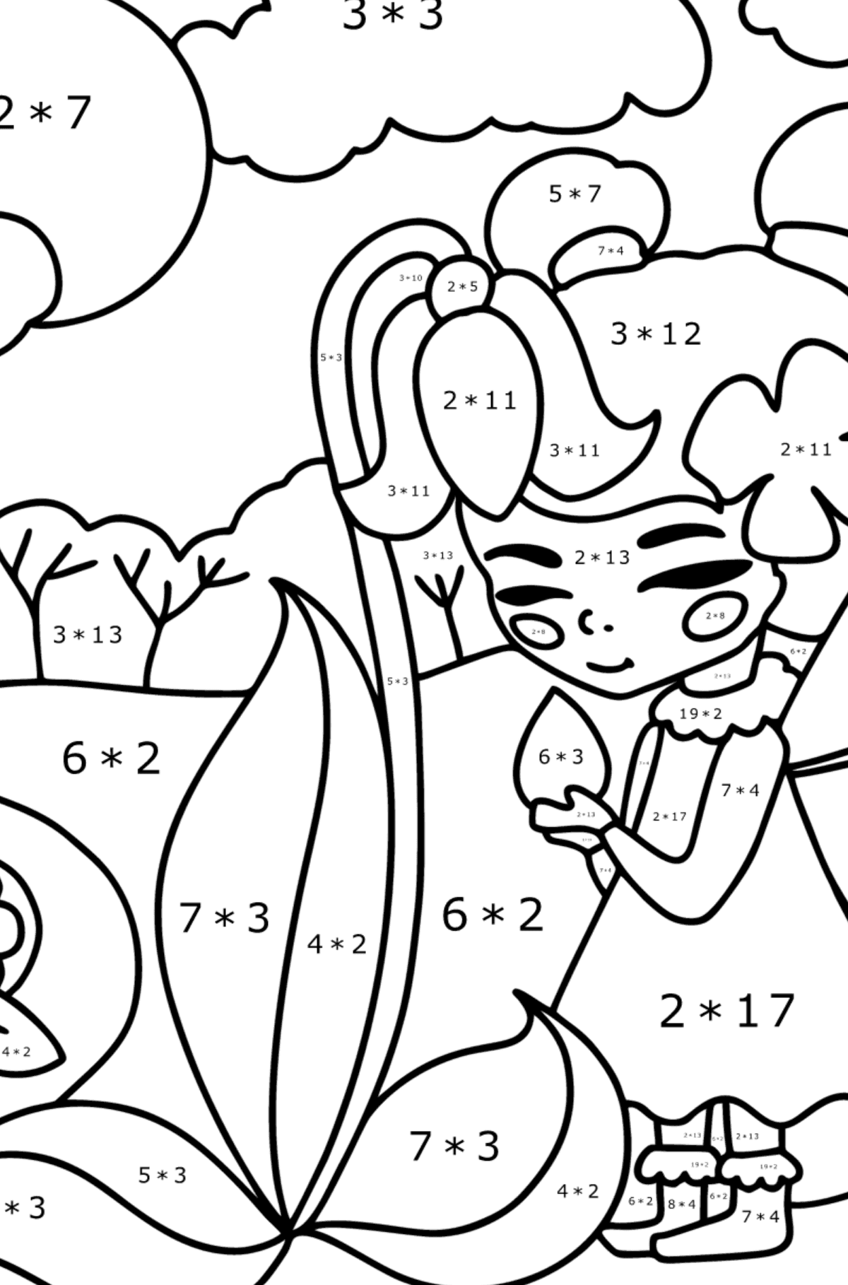 Fairy on a forest path coloring page - Math Coloring - Multiplication for Kids