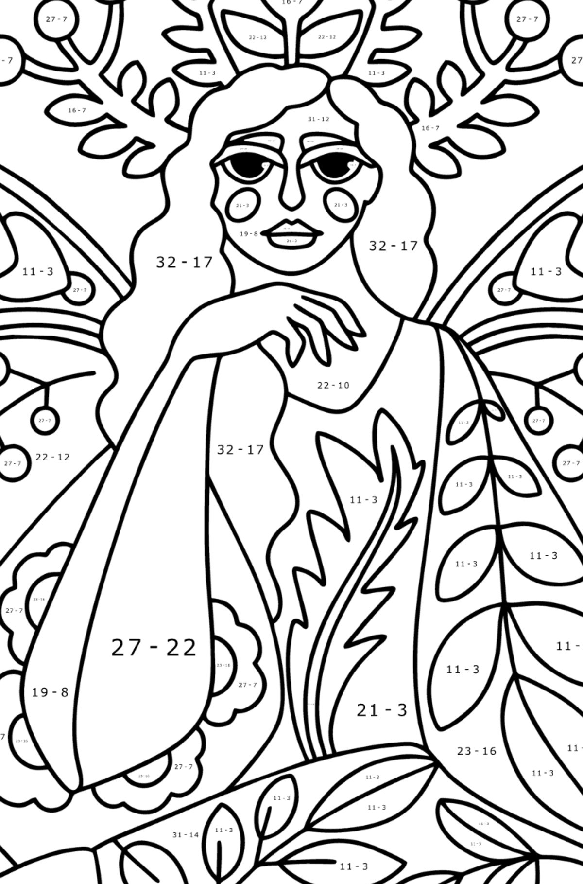 Fairy Tattoo (difficult) coloring page - Math Coloring - Subtraction for Kids