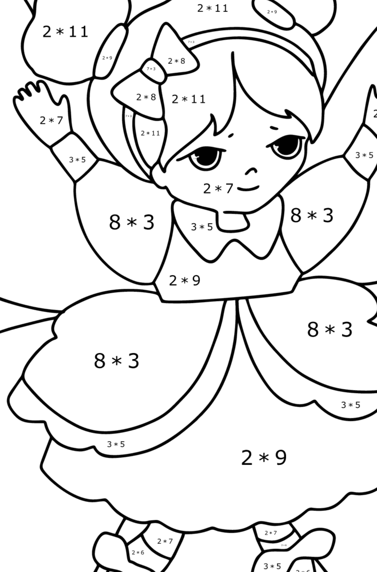 Disegno di Fata volante da colorare - Colorazione matematica - Moltiplicazione per bambini