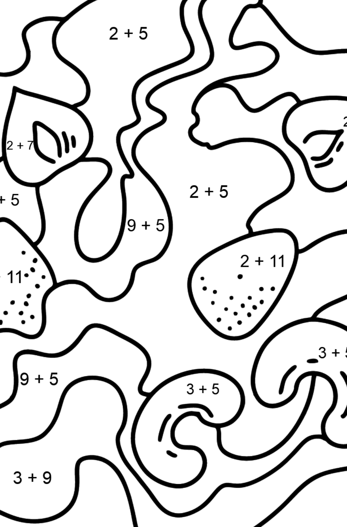 Розмальовка Каша з горіхами та полуницею - Математична Розмальовка Додавання для дітей