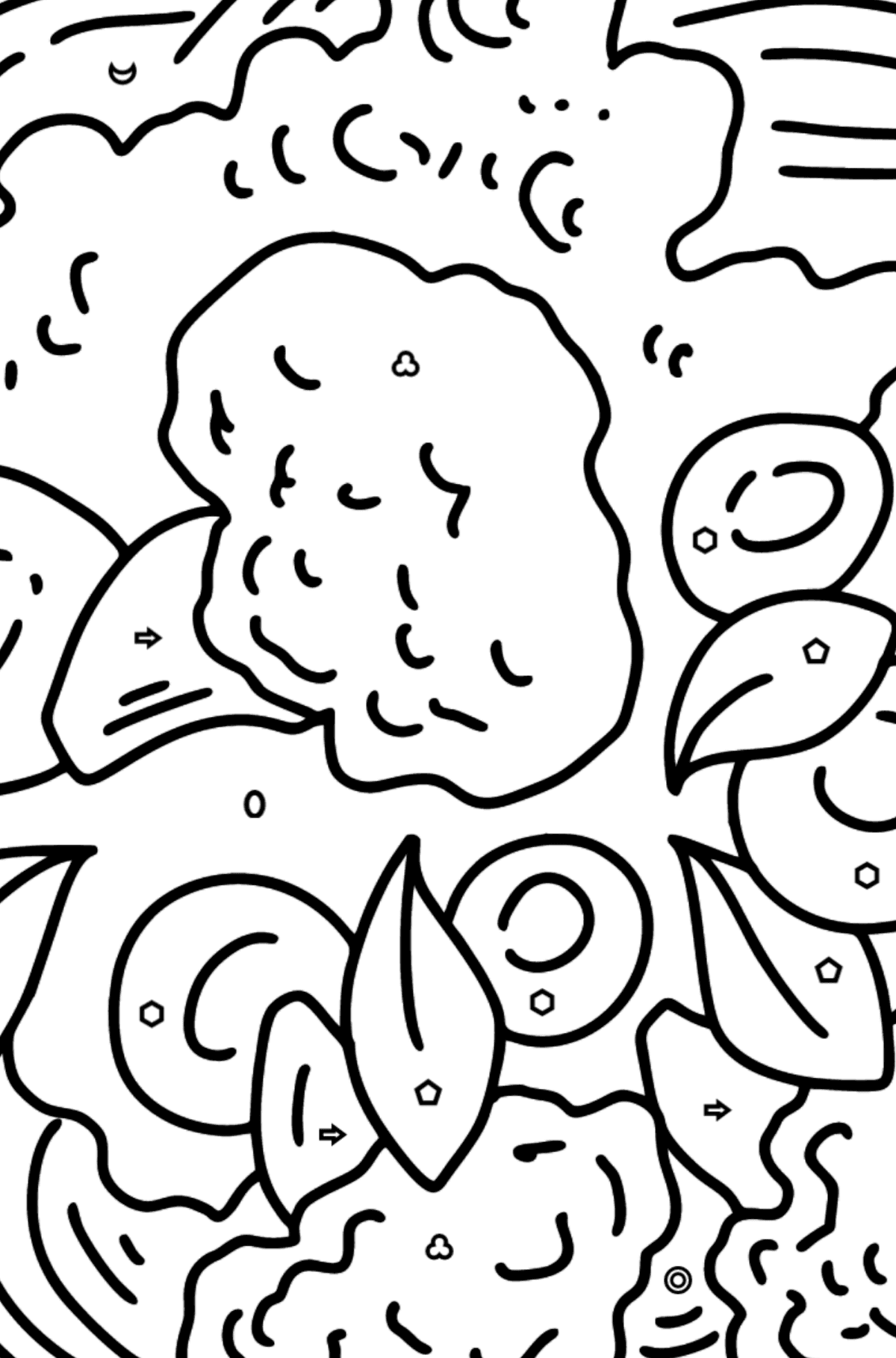 Desenho de Macarrão Espaguete com Queijo e Brócolis - Colorir por Formas Geométricas para Crianças