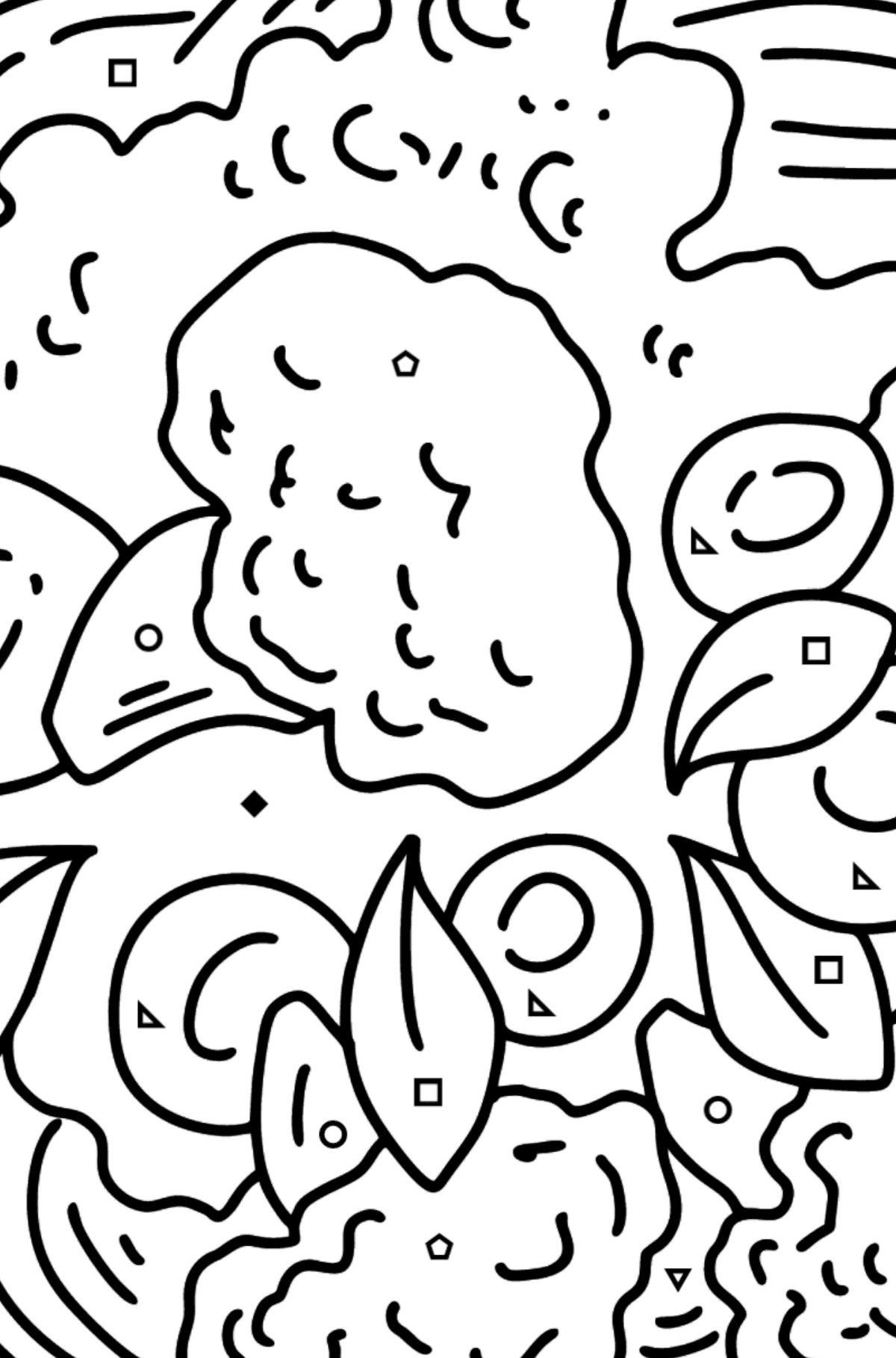Desenho de Macarrão Espaguete com Queijo e Brócolis - Colorir por Símbolos para Crianças