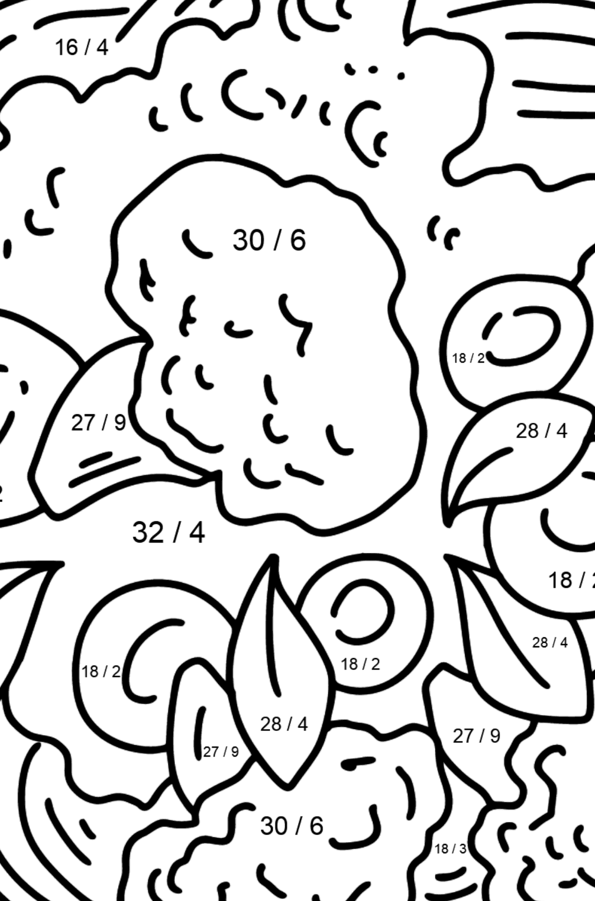 Desenho de Macarrão Espaguete com Queijo e Brócolis - Colorindo com Matemática - Divisão para Crianças