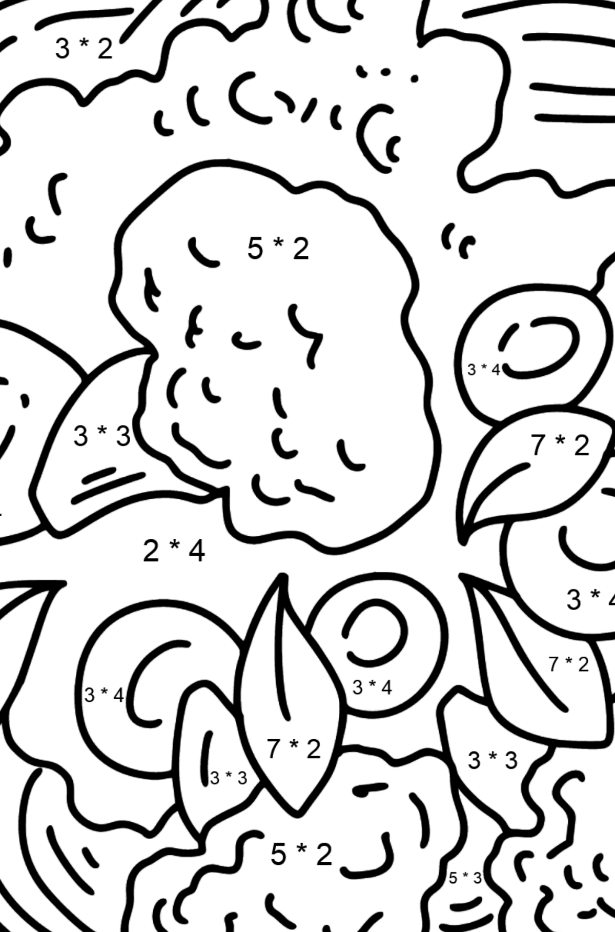 Desenho de Macarrão Espaguete com Queijo e Brócolis - Colorindo com Matemática - Multiplicação para Crianças