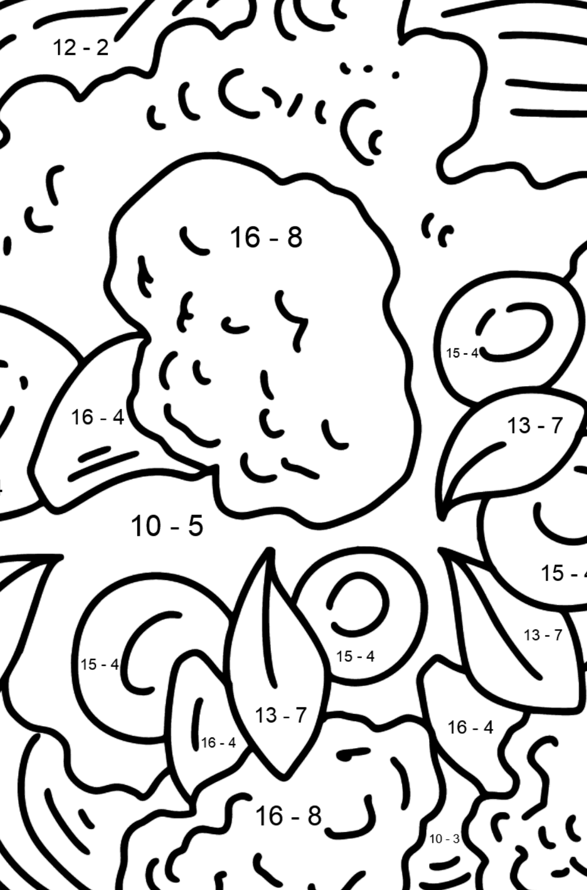 Desenho de Macarrão Espaguete com Queijo e Brócolis - Colorindo com Matemática - Subtração para Crianças