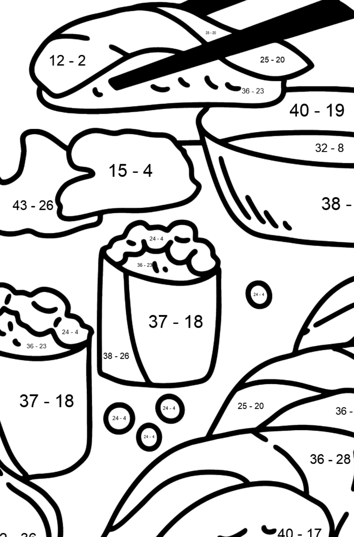 Розмальовка Суші - Математична Розмальовка Віднімання для дітей
