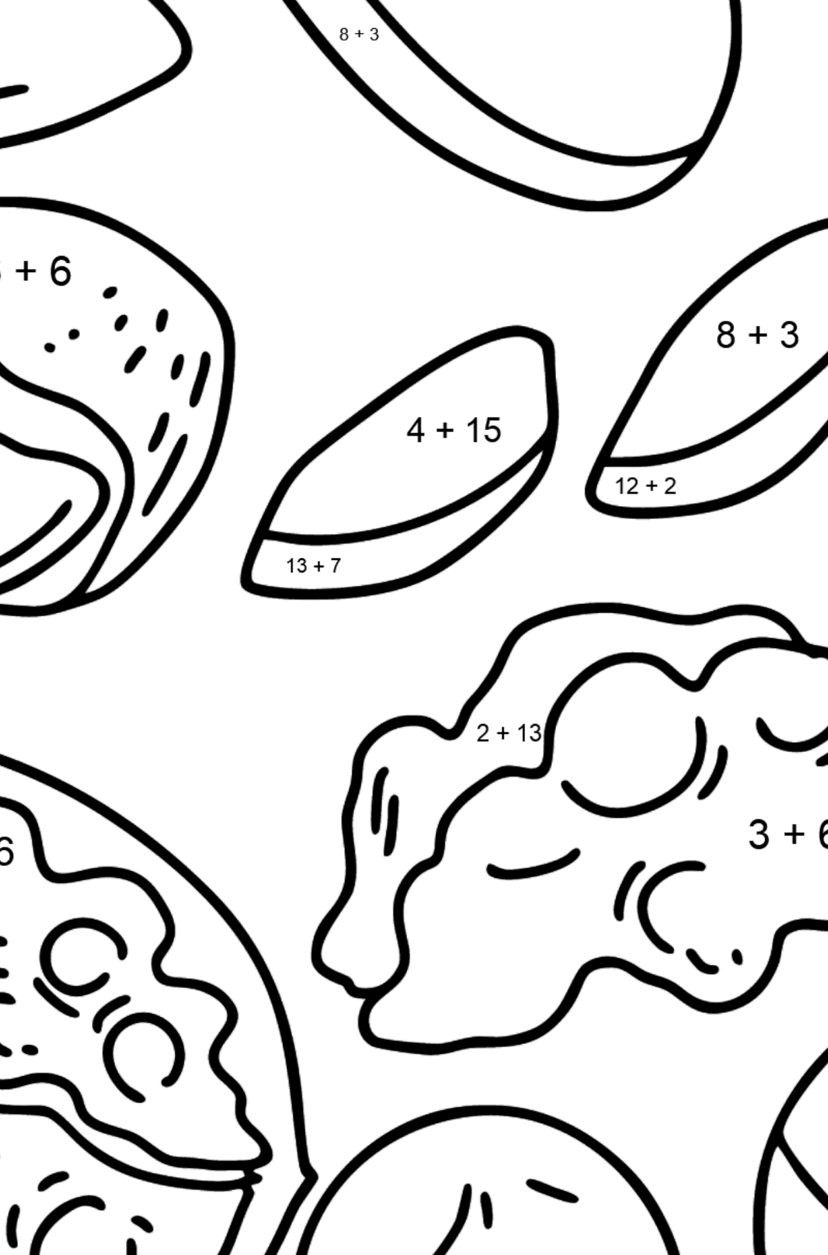 Tegning til fargelegging nøtter: valnøtter, macadamia, mandler og peanøtter - Matematisk fargeleggingsside - addisjon for barn