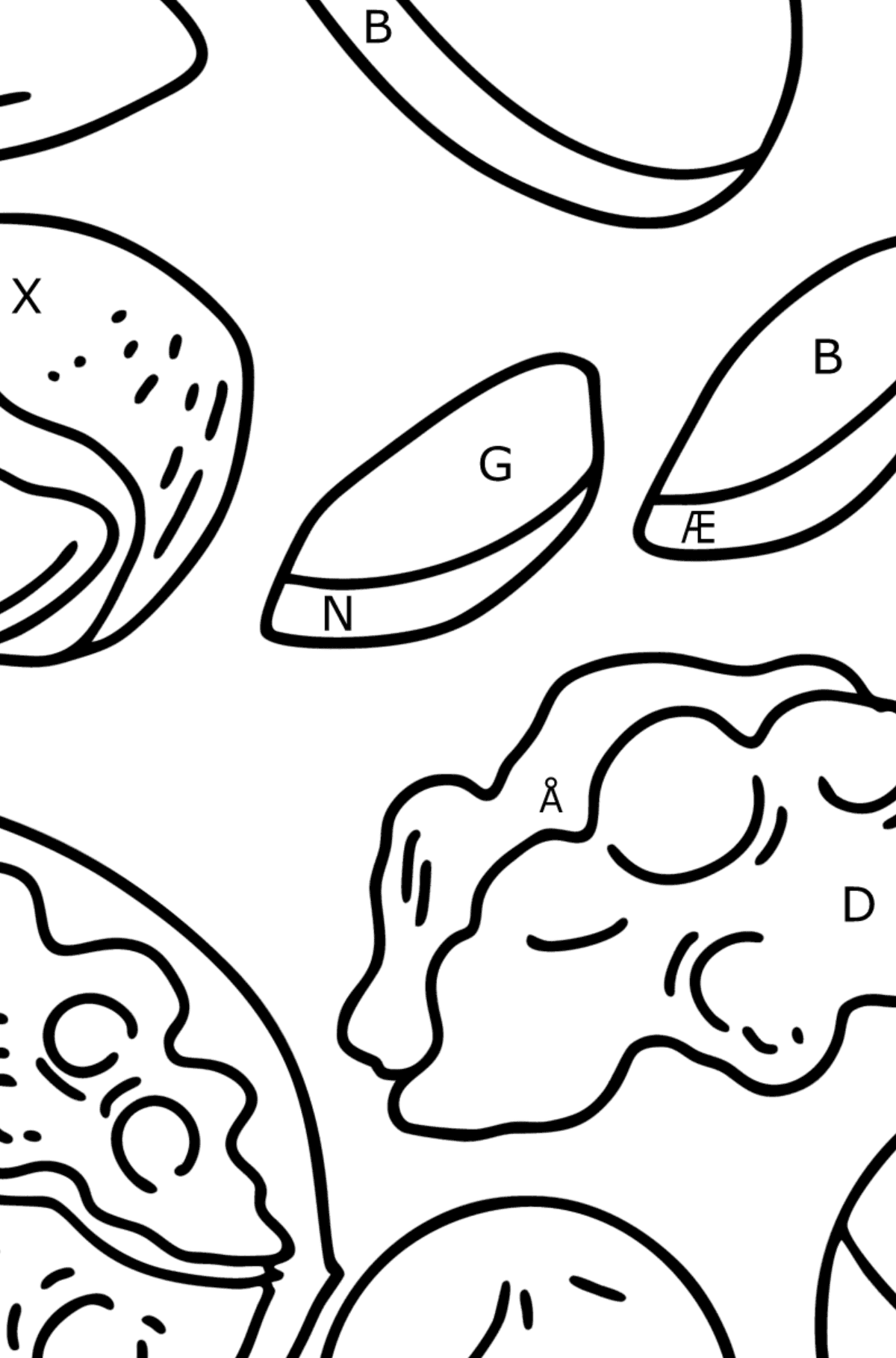 Tegning til fargelegging nøtter: valnøtter, macadamia, mandler og peanøtter - Fargelegge etter bokstaver for barn