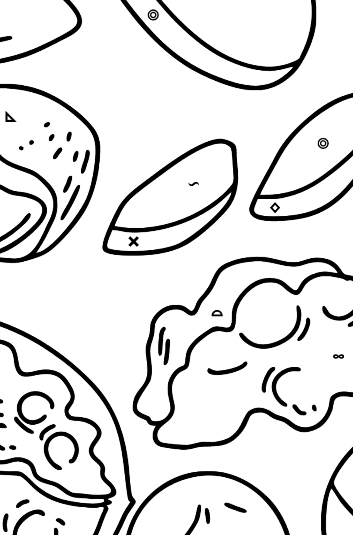 Tegning til fargelegging nøtter: valnøtter, macadamia, mandler og peanøtter - Fargelegge etter symboler og geometriske former for barn