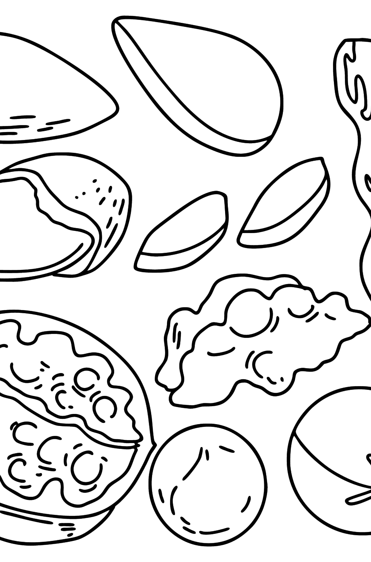 Tegning til fargelegging nøtter: valnøtter, macadamia, mandler og peanøtter - Tegninger til fargelegging for barn