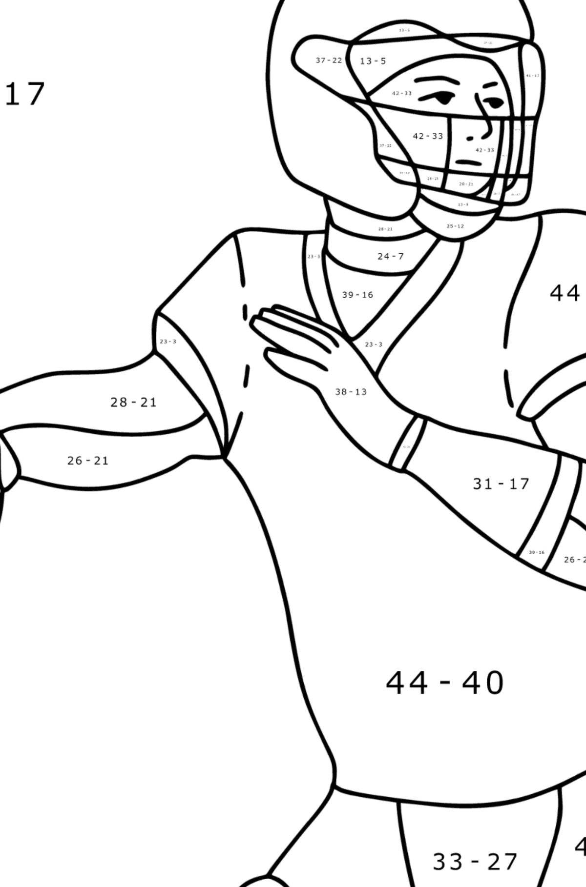 Dibujo Jugador de fútbol americano de la NFL en el juego para colorear - Colorear con Matemáticas - Restas para Niños