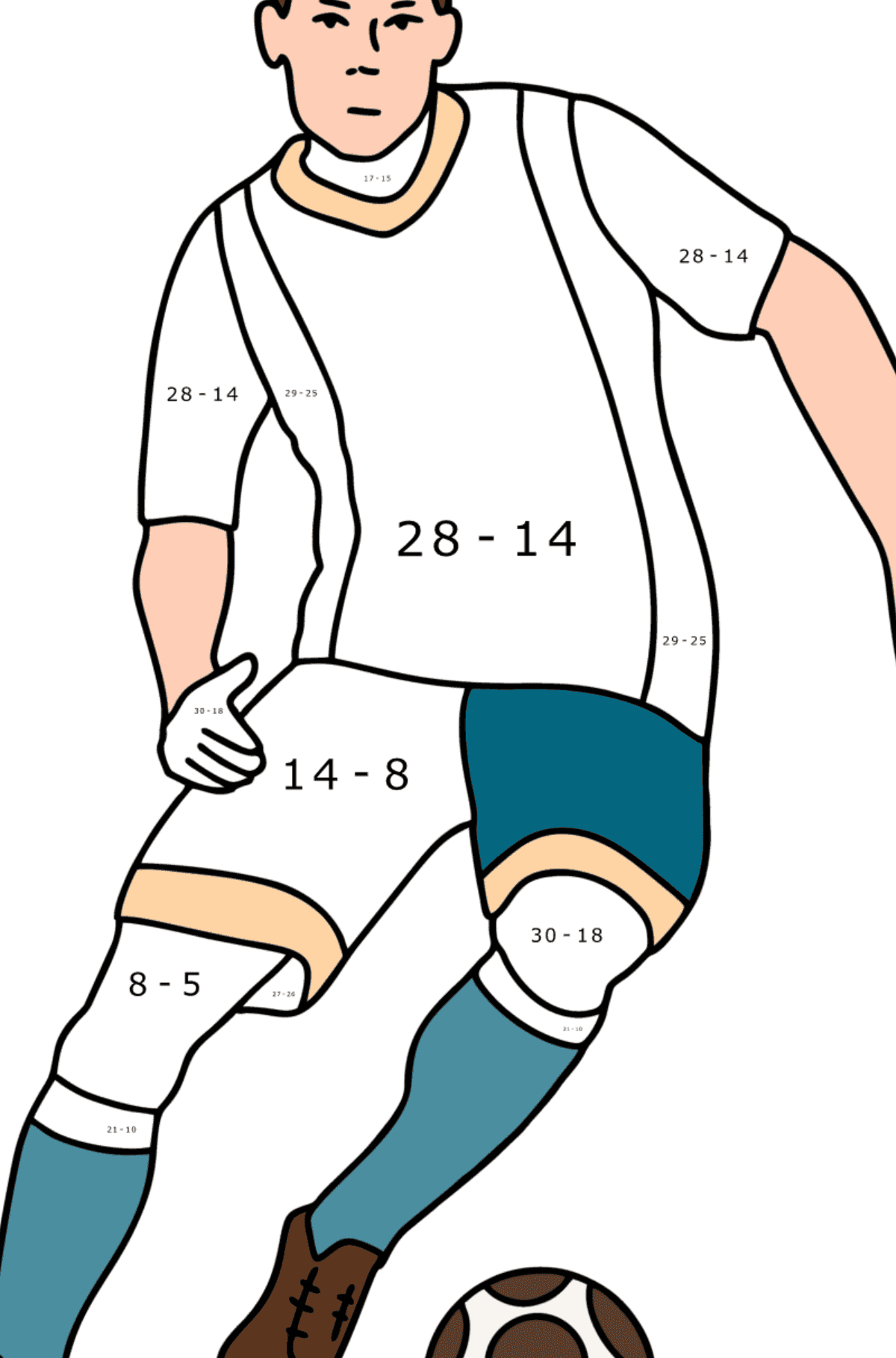 Tegning til farvning UEFA fodboldspiller - Matematisk farvelægning side -- Subtraktion for børn