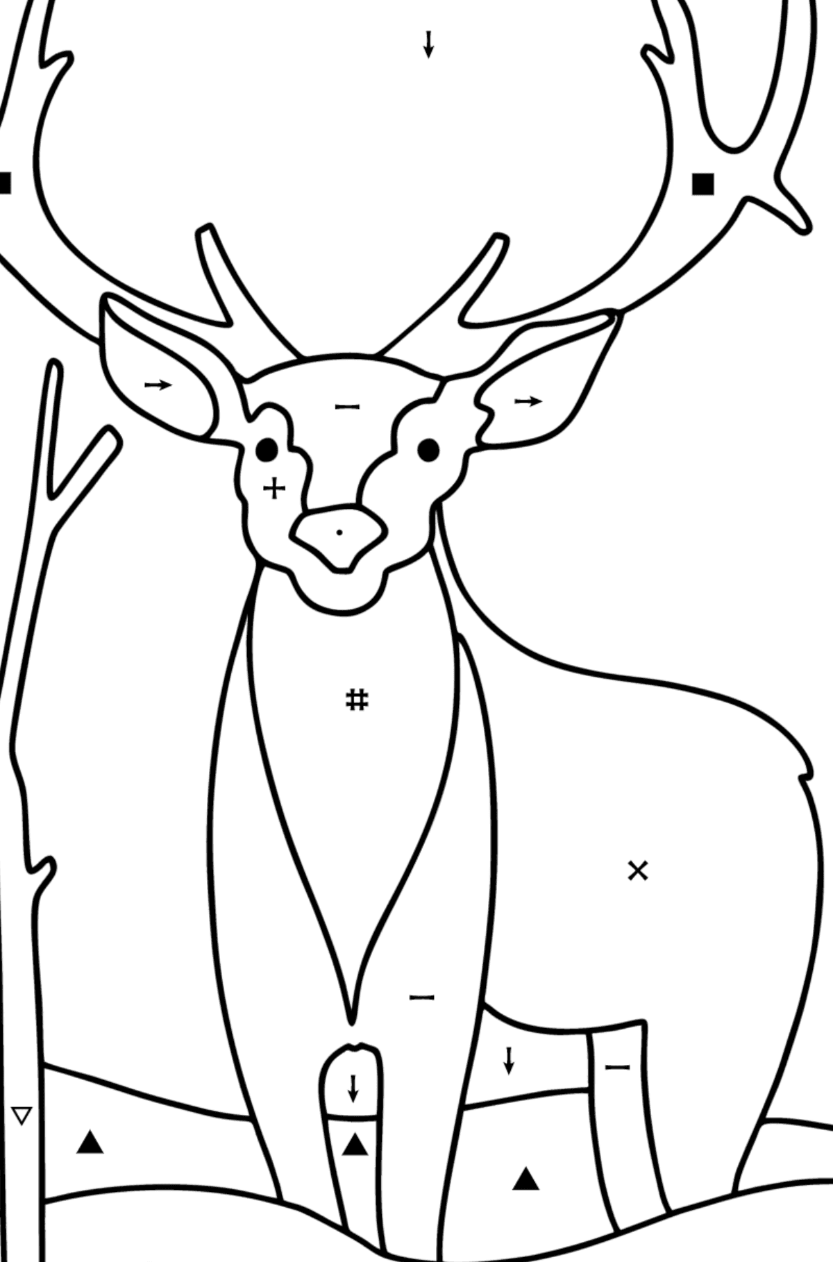 Kış ormandaki geyik boyama sayfası - Sembollerle Boyama çocuklar için