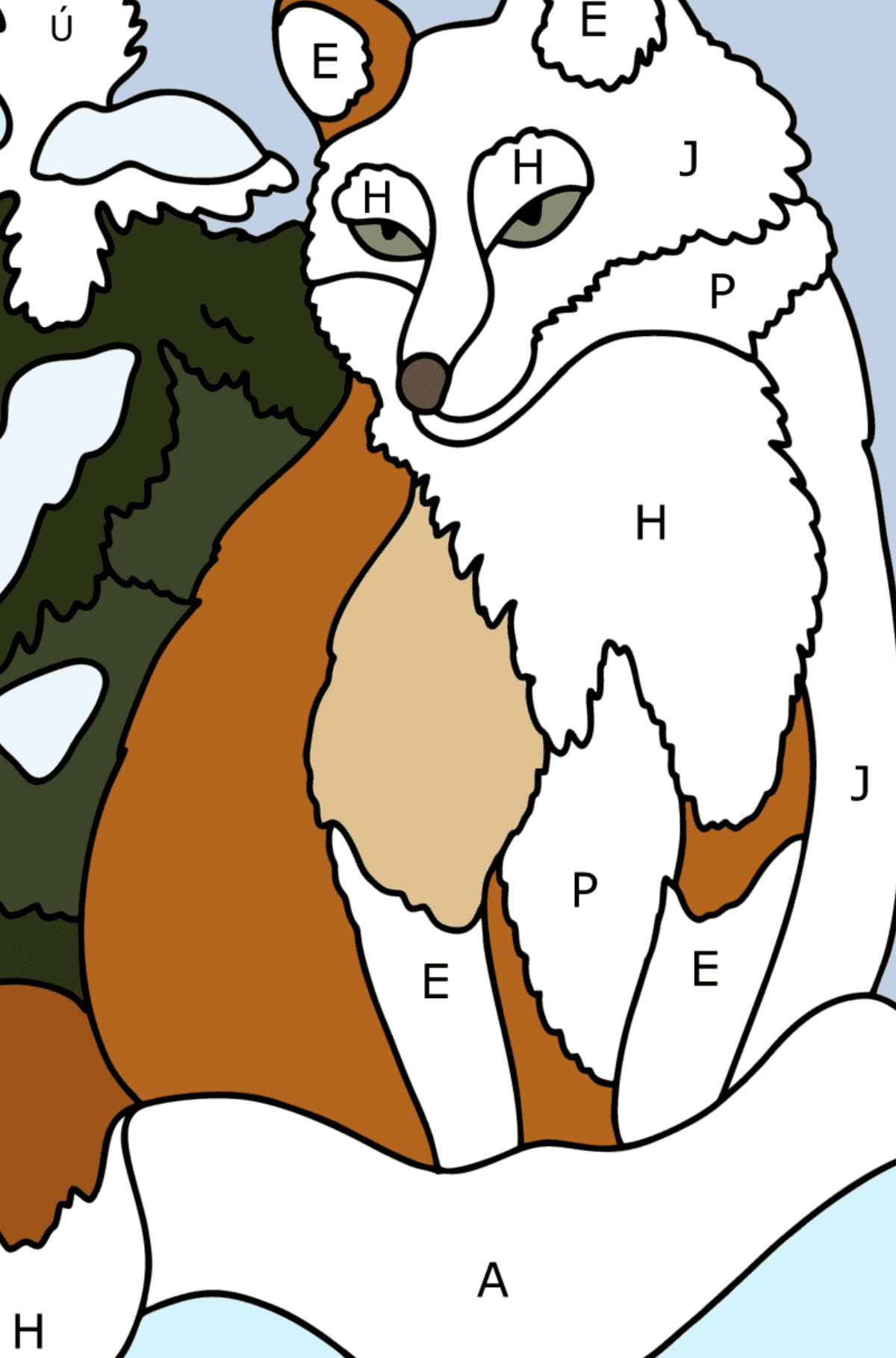 Kifestő Róka a hóban - Színezés betű szerint gyerekeknek