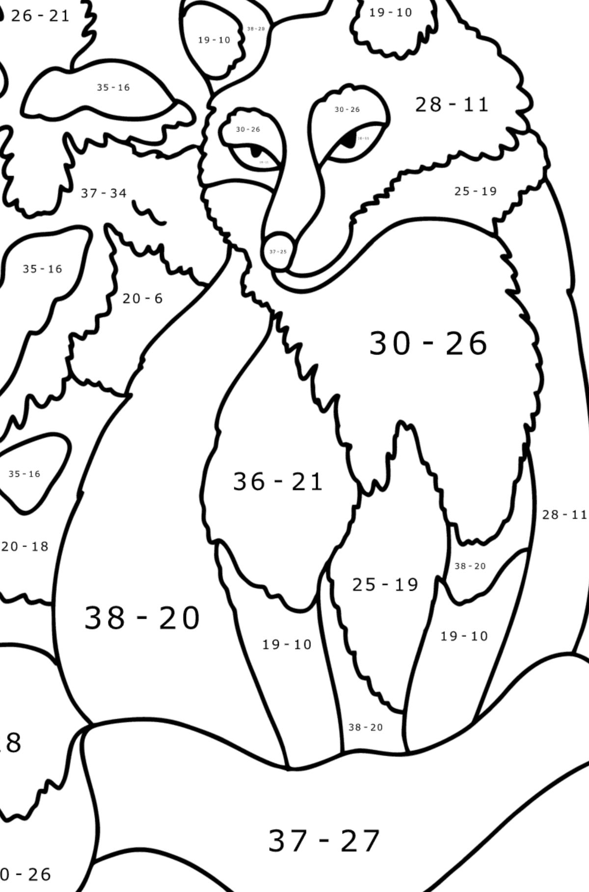 Värityskuva Kettu lumessa - Matemaattinen Väritys - Vähennys lapsille
