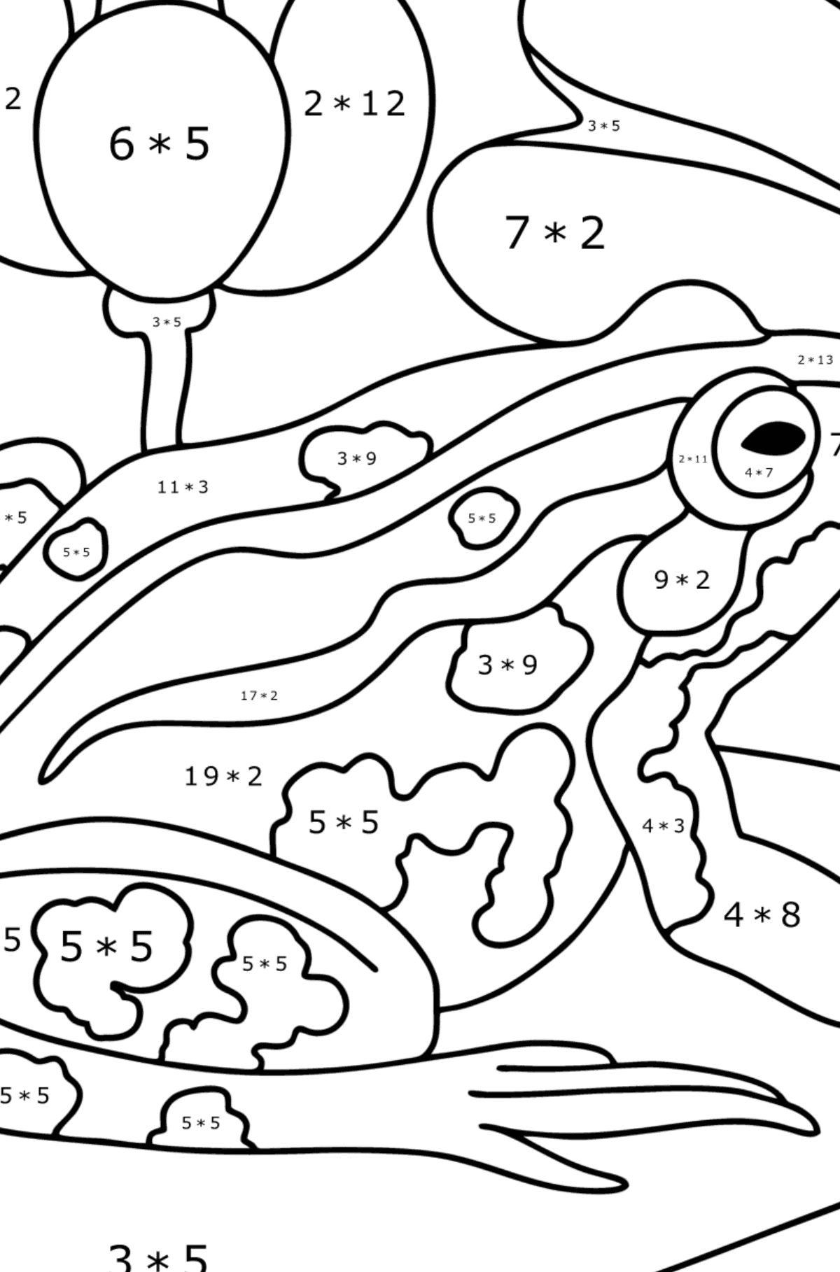 Värityskuva Sammakko järvellä - Matemaattinen Värityskirja - Kertolasku lapsille