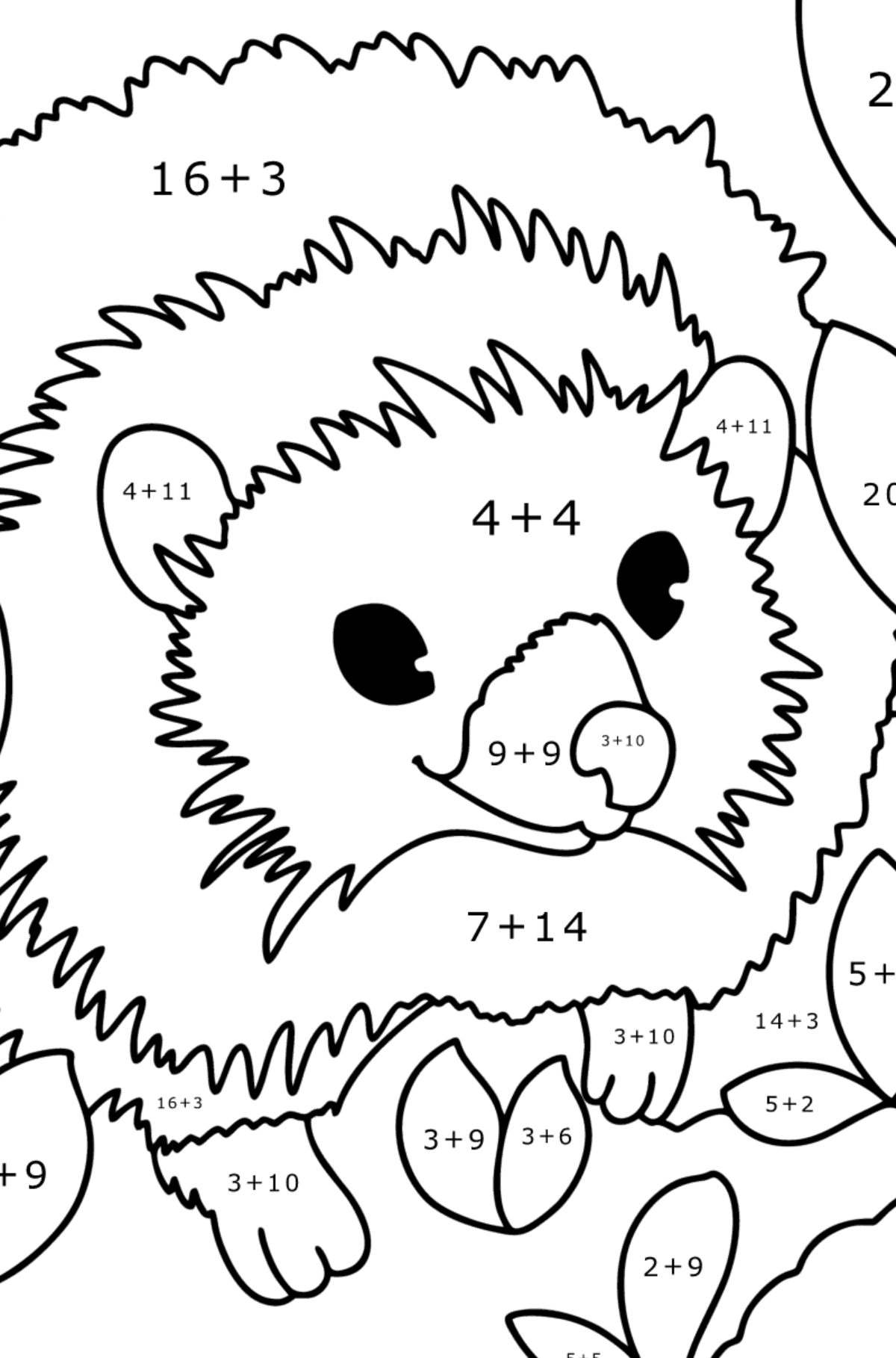 Tegning til fargelegging Pinnsvin i skogen - Matematisk fargeleggingsside - addisjon for barn