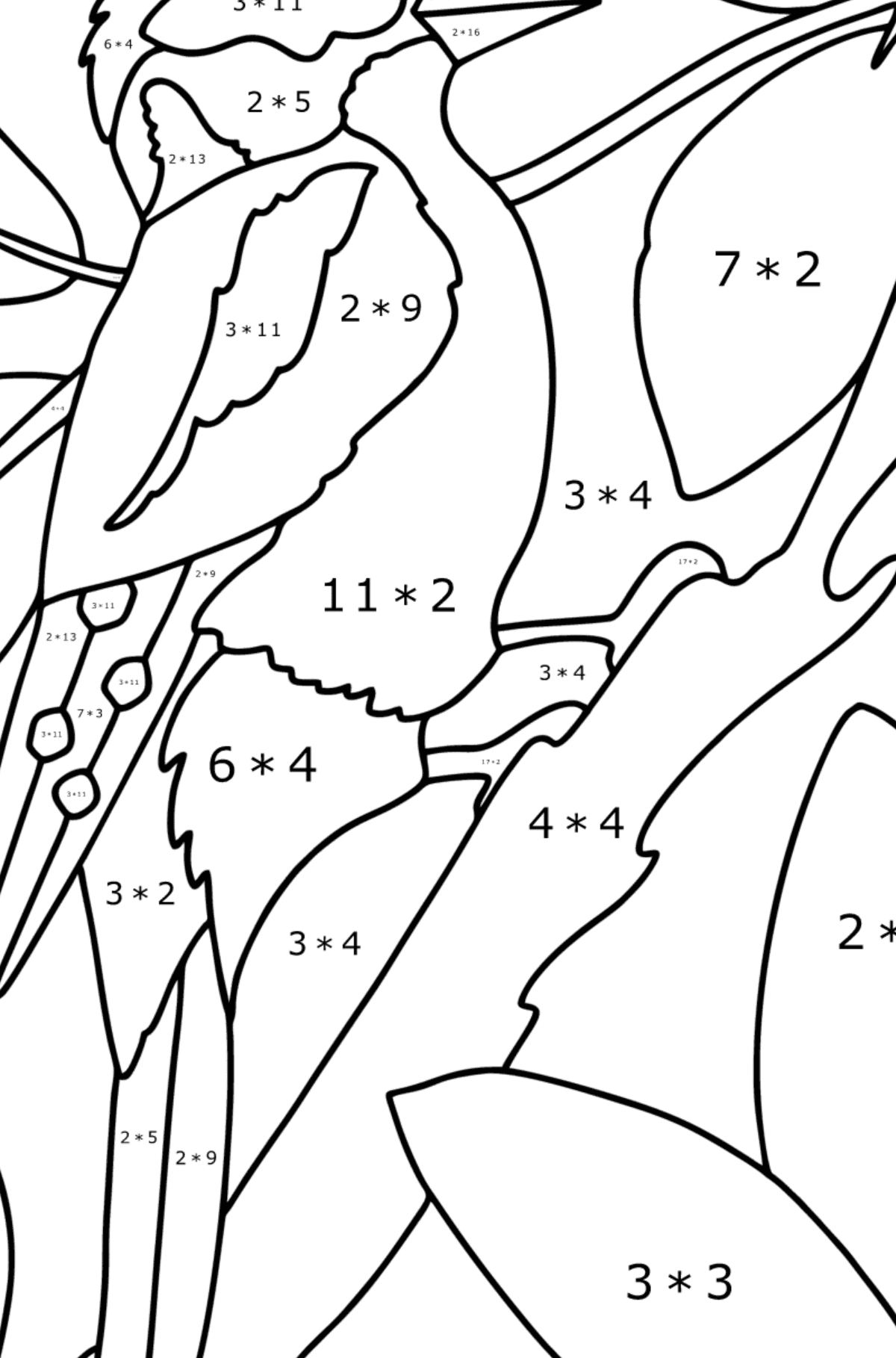 Tegning til fargelegging Hakkespett i skogen - Matematisk fargeleggingsside - multiplisering for barn
