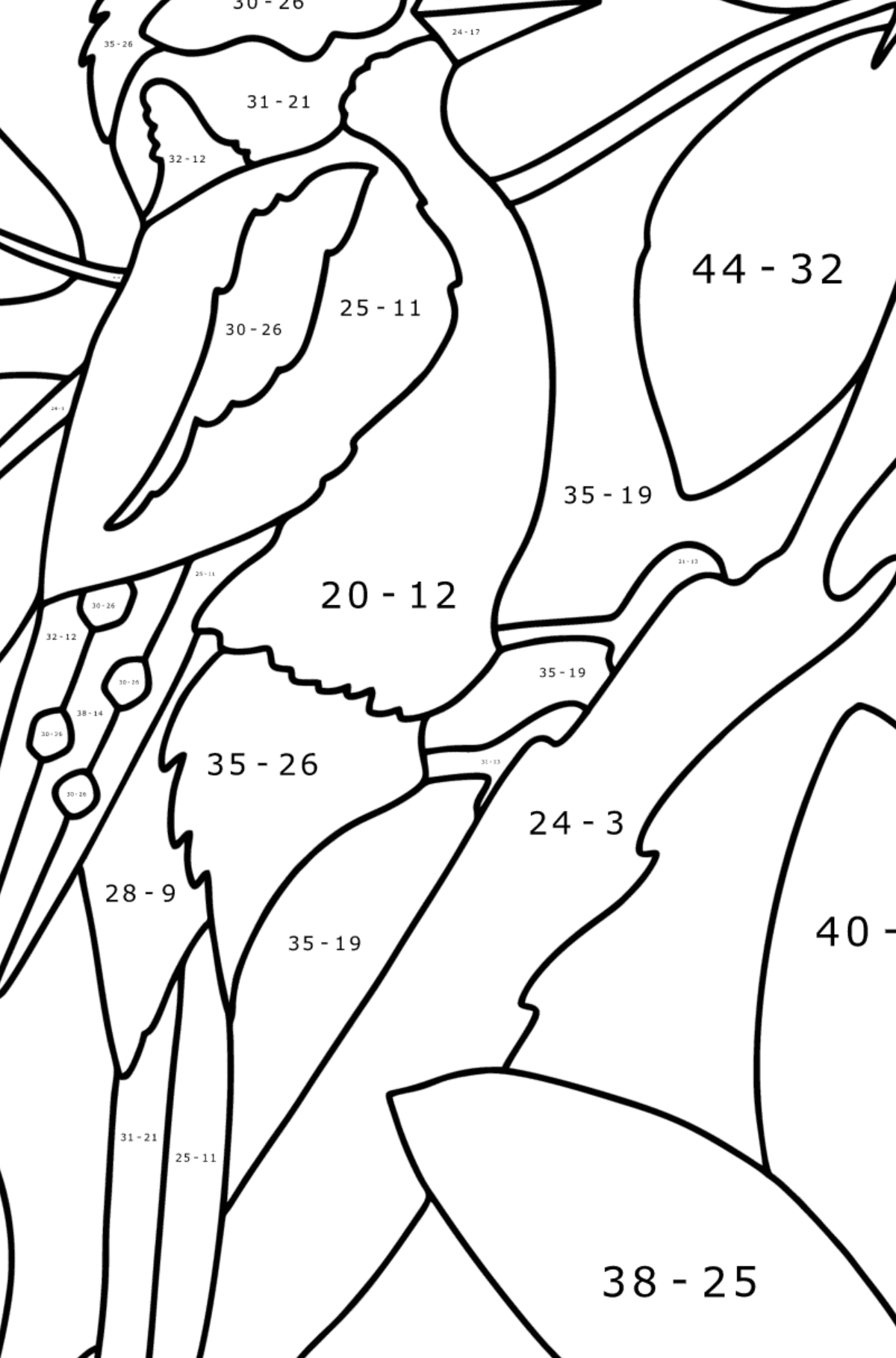Tegning til fargelegging Hakkespett i skogen - Matematisk fargeleggingsside - trekking for barn
