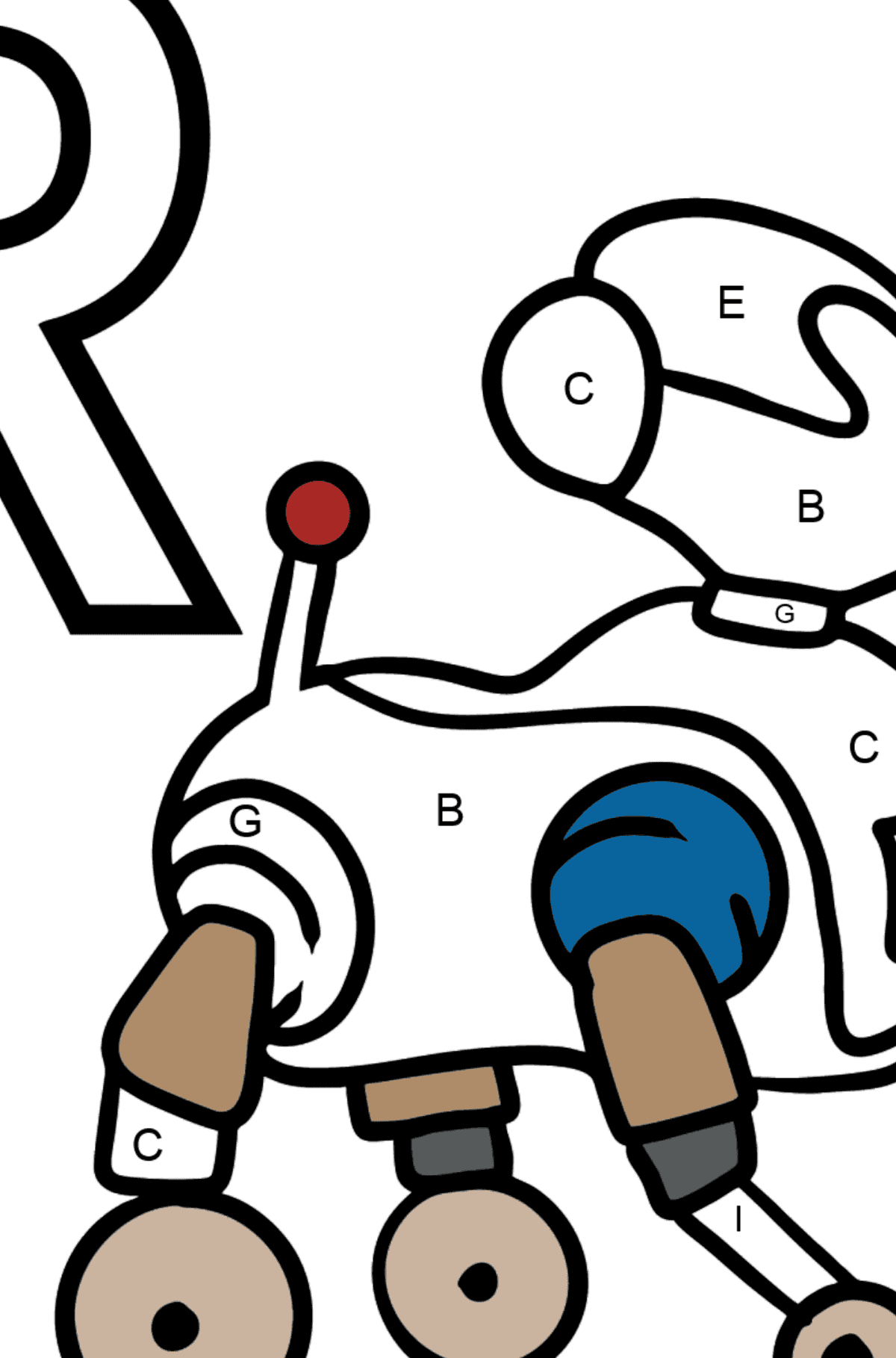 Ausmalbild Französischer Buchstabe R - ROBOT - Ausmalen nach Buchstaben für Kinder