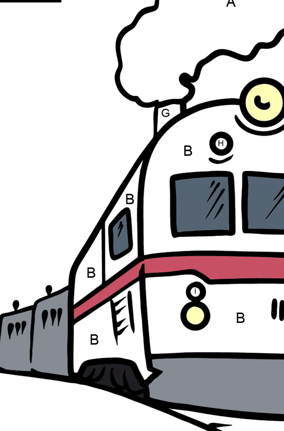 Ausmalbild Französischer Buchstabe T - TRAIN - Ausmalen nach Buchstaben für Kinder