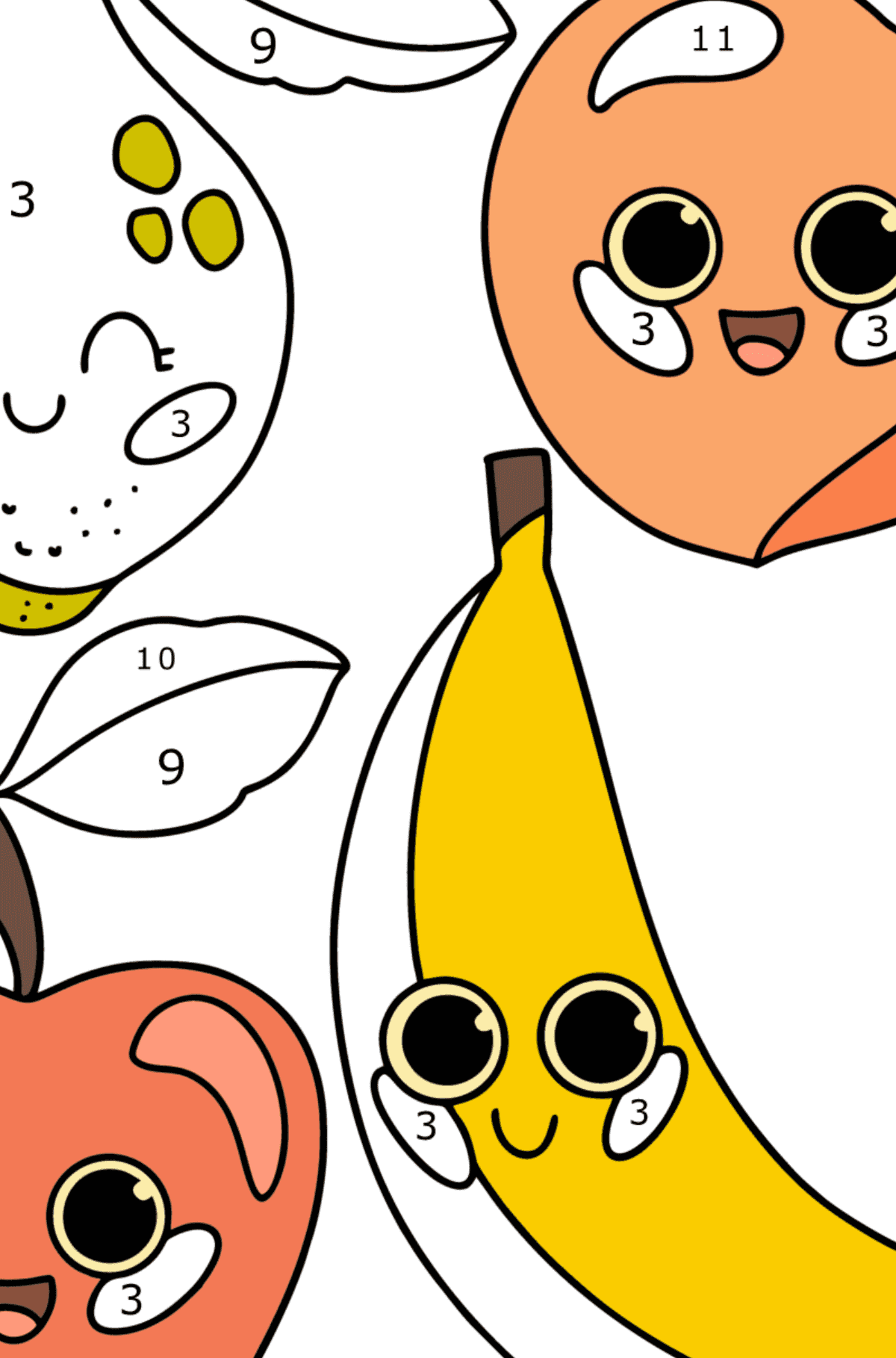 Coloriage Fruits de dessin animé - Coloriage par Chiffres pour les Enfants