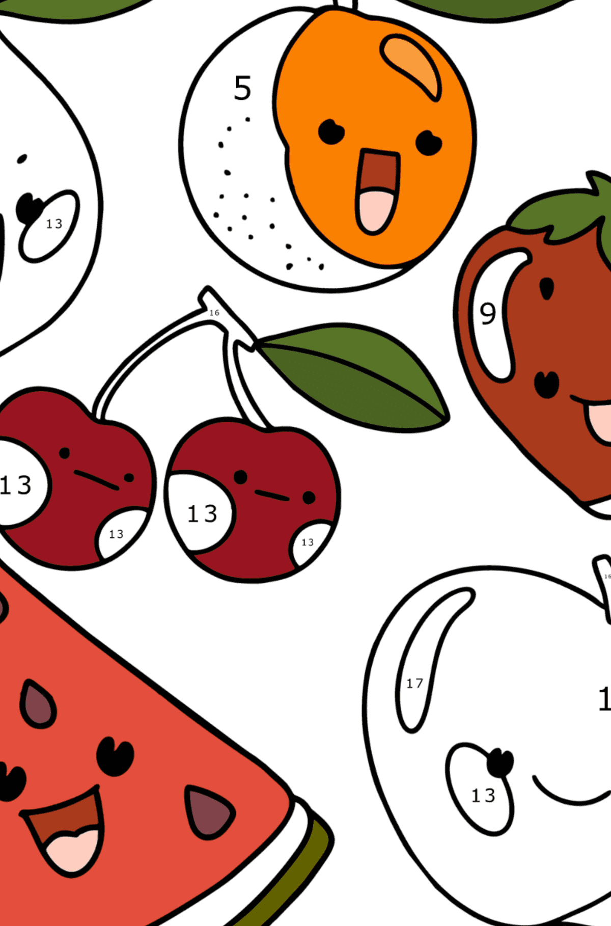 Kawaii-Früchte ausmalbild - Malen nach Zahlen für Kinder