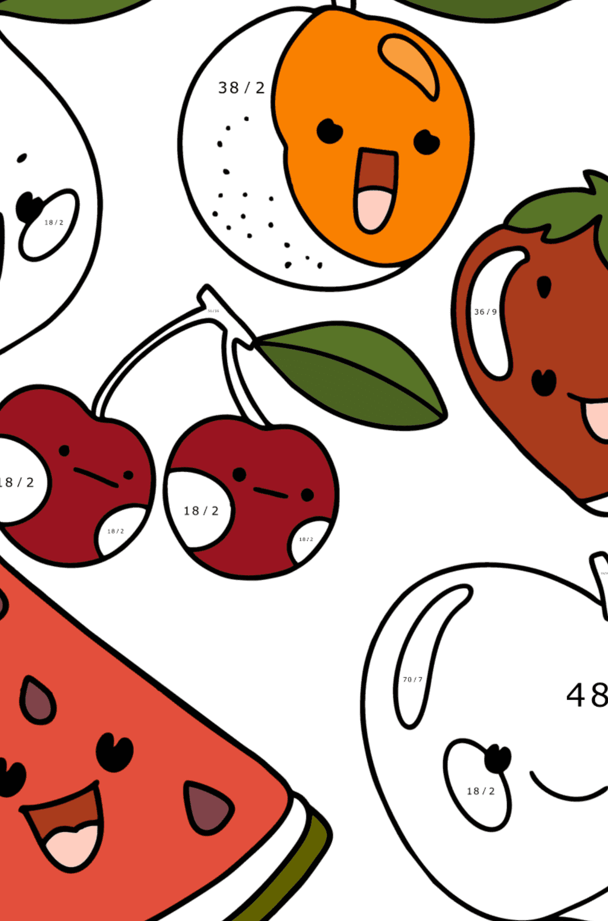 Målarbild Kawaii frukter - Matematik Färgläggning - Division för barn