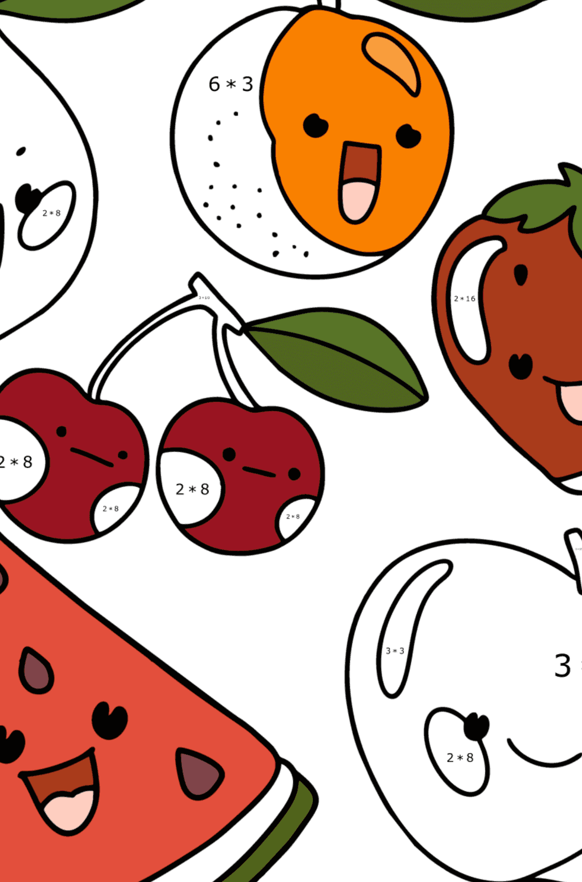 Målarbild Kawaii frukter - Matematik Färgläggning - Multiplikation för barn