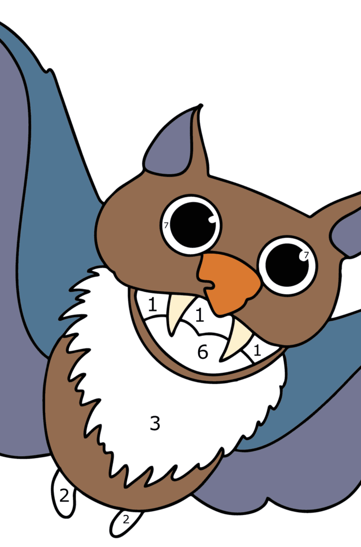 Раскраска Летучая мышь летит - По Номерам для Детей