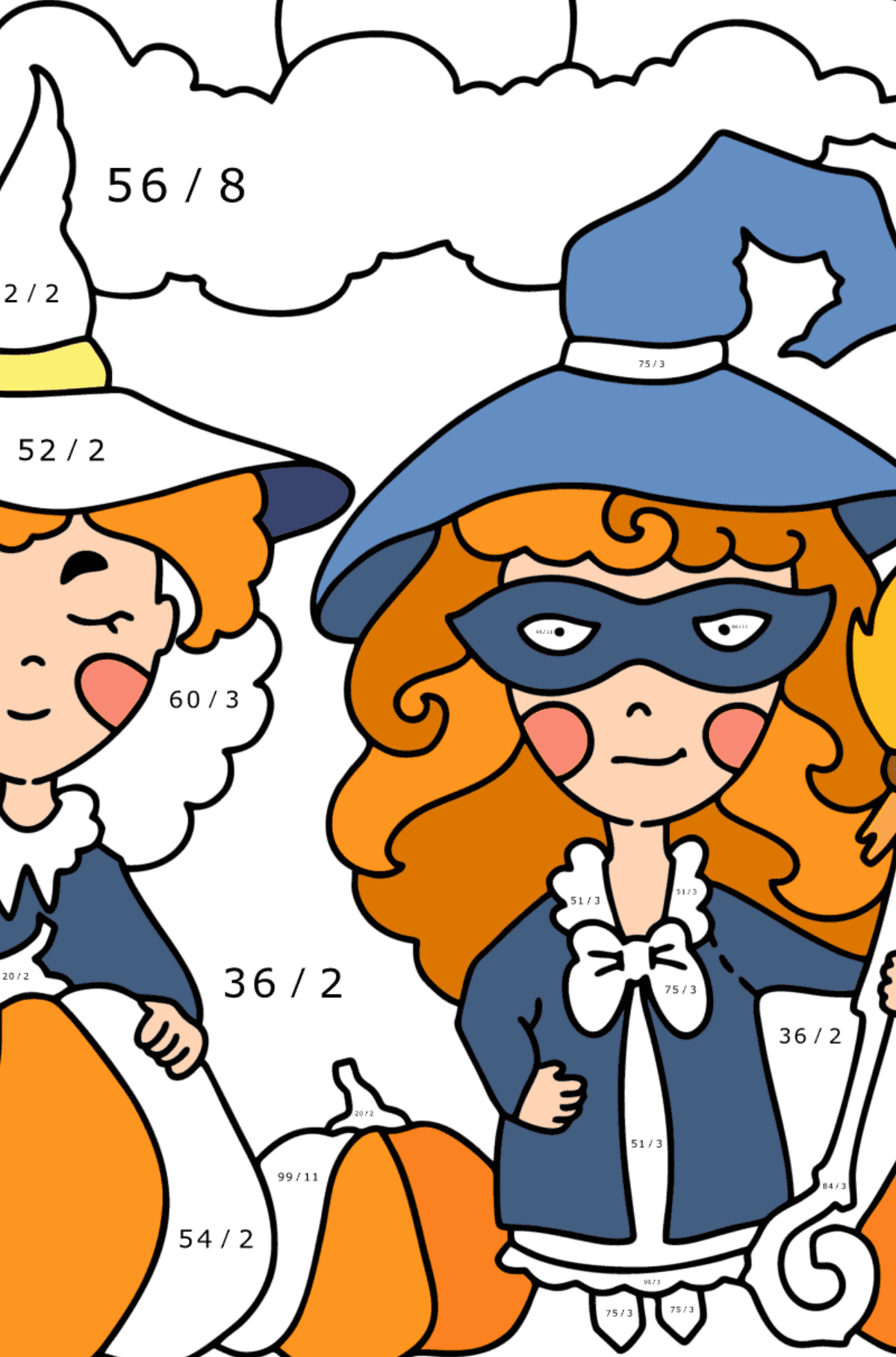 Tegning til fargelegging Halloween og barn - Matematisk fargeleggingsside - divisjon for barn