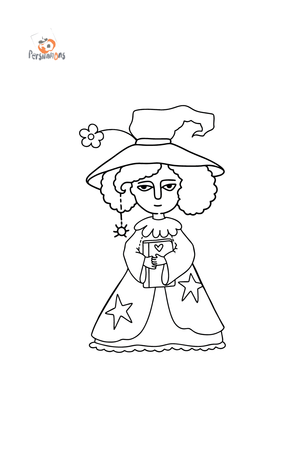 Little witch with a book oloring page online and print for free 