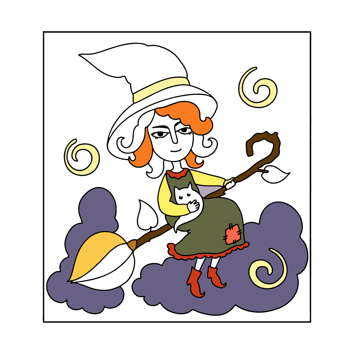 Witch flying on a broomstick oloring page online and print