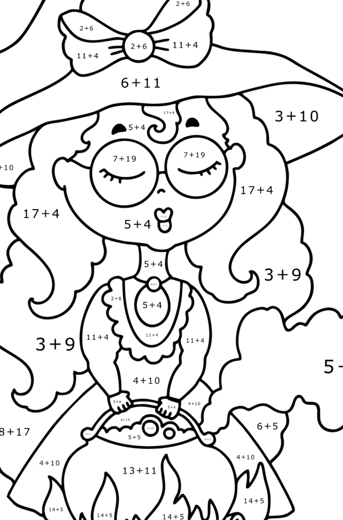 Dibujo La bruja elabora una poción para colorear - Colorear con Matemáticas - Sumas para Niños