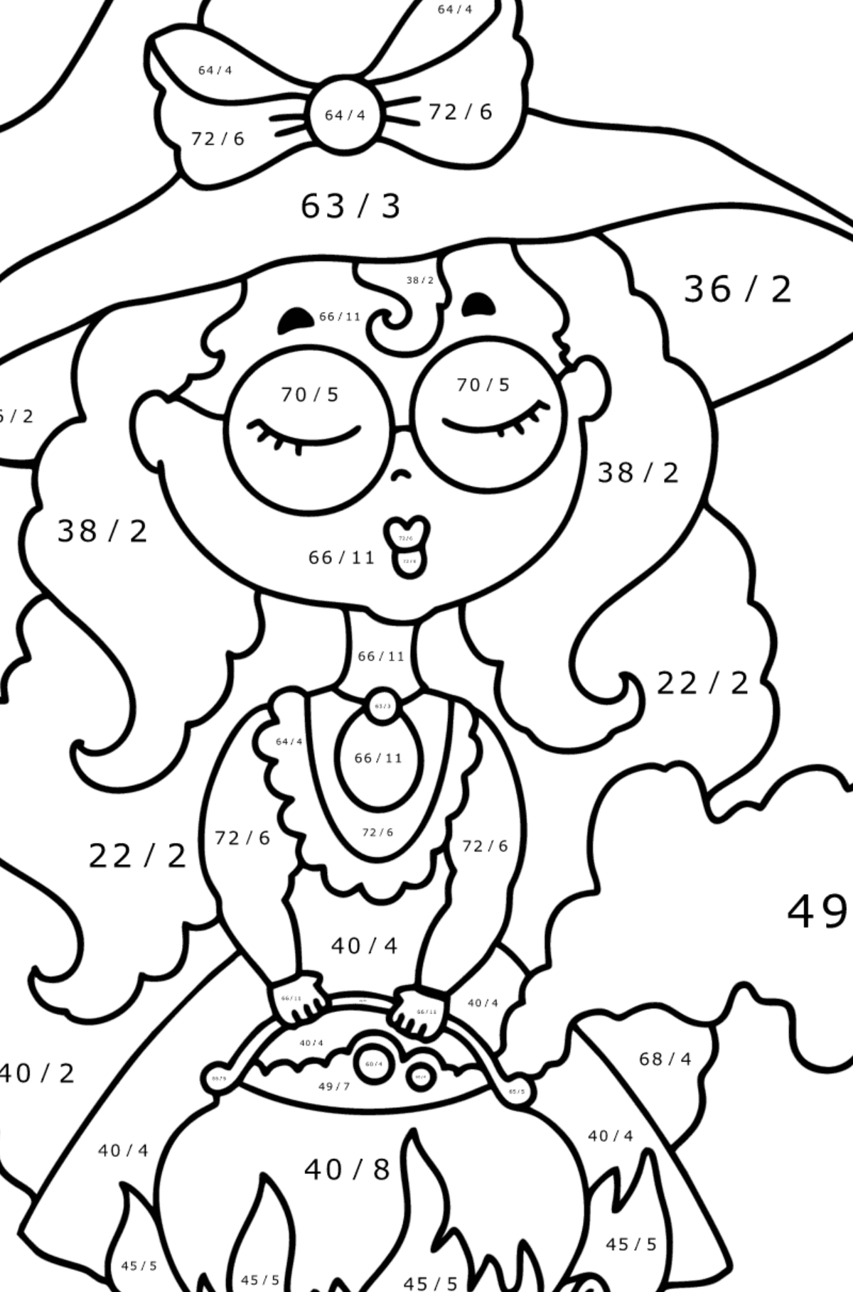 Dibujo La bruja elabora una poción para colorear - Colorear con Matemáticas - Divisiones para Niños